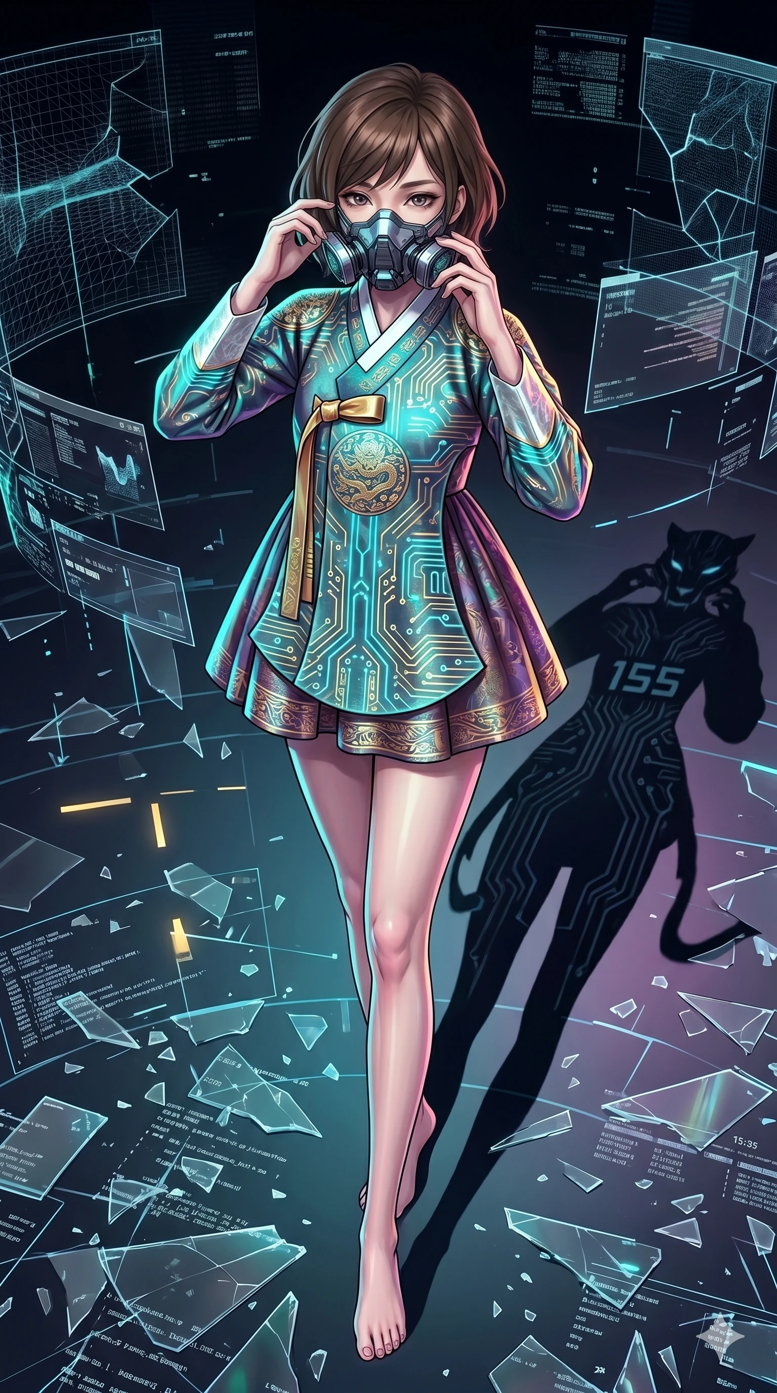 score_9, masterpiece, best quality, ultra-detailed, Set A: High-budget Anime Keyframe, Korean woman. Low angle cowboy shot filling the entire 9:16 frame with her statuesque presence. Adjusting a mask through a virtual reality void, while her shadow mimics the movements of a predator 155 and surrounded by shattered glass fragments. She has an absolutely perfect 8-heads proportion, an exceptionally tall and slender female figure with impossibly long slender legs and an ultra-slim waist. Sharp v-shaped jawline, high-bridge nose, intricate jewel-like eyes with depth, thick eyelashes, glossy lips with a natural sheen. Wearing Traditional silk robe with a modern tech-twist, featuring glowing circuit patterns. Cinematic lighting, vibrant colors, dramatic shadows, 2k, ultra detail, master piece, 9:16 ratio