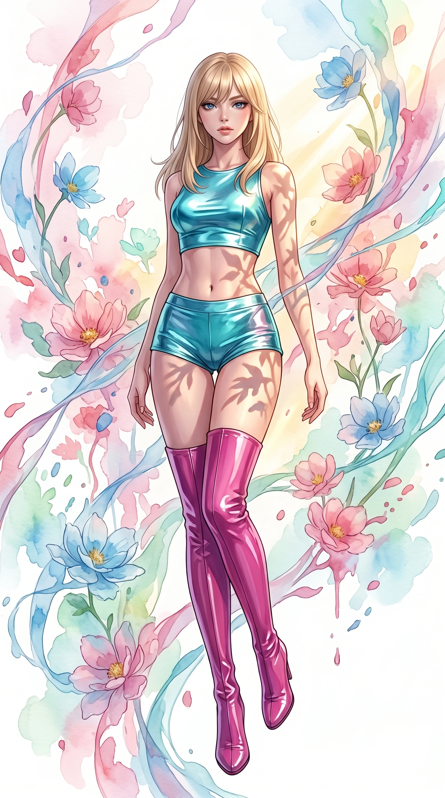 score_9, masterpiece, best quality, ultra-detailed, high-budget anime keyframe, editorial fashion photography, tasteful artistic composition, Japanese woman. low angle full-body shot from head to toe showing her feet, filling the entire 9:16 vertical frame with her statuesque presence, stretching her vertical silhouette. floating with ethereal lightness within a dreamlike garden where watercolor paint flows in real-time through the air, flowers dissolving into liquid pigment strokes that drift and bloom in pastel washes of rose, cerulean, and mint. She has a statuesque 8.5-heads proportion, an exceptionally tall, slender and willowy model-like build with impossibly long legs and a highly sculpted ultra-slim waist. sharp v-shaped jawline, high-bridge nose, intricate jewel-like eyes with depth, thick eyelashes, glossy lips with a natural sheen. wearing a metallic turquoise crop top with matching micro-shorts and thigh-high patent leather boots in a vibrant magenta. warm golden afternoon sunbeams casting soft organic leaf shadows across her skin. 2k, ultra detail, master piece, 9:16 ratio