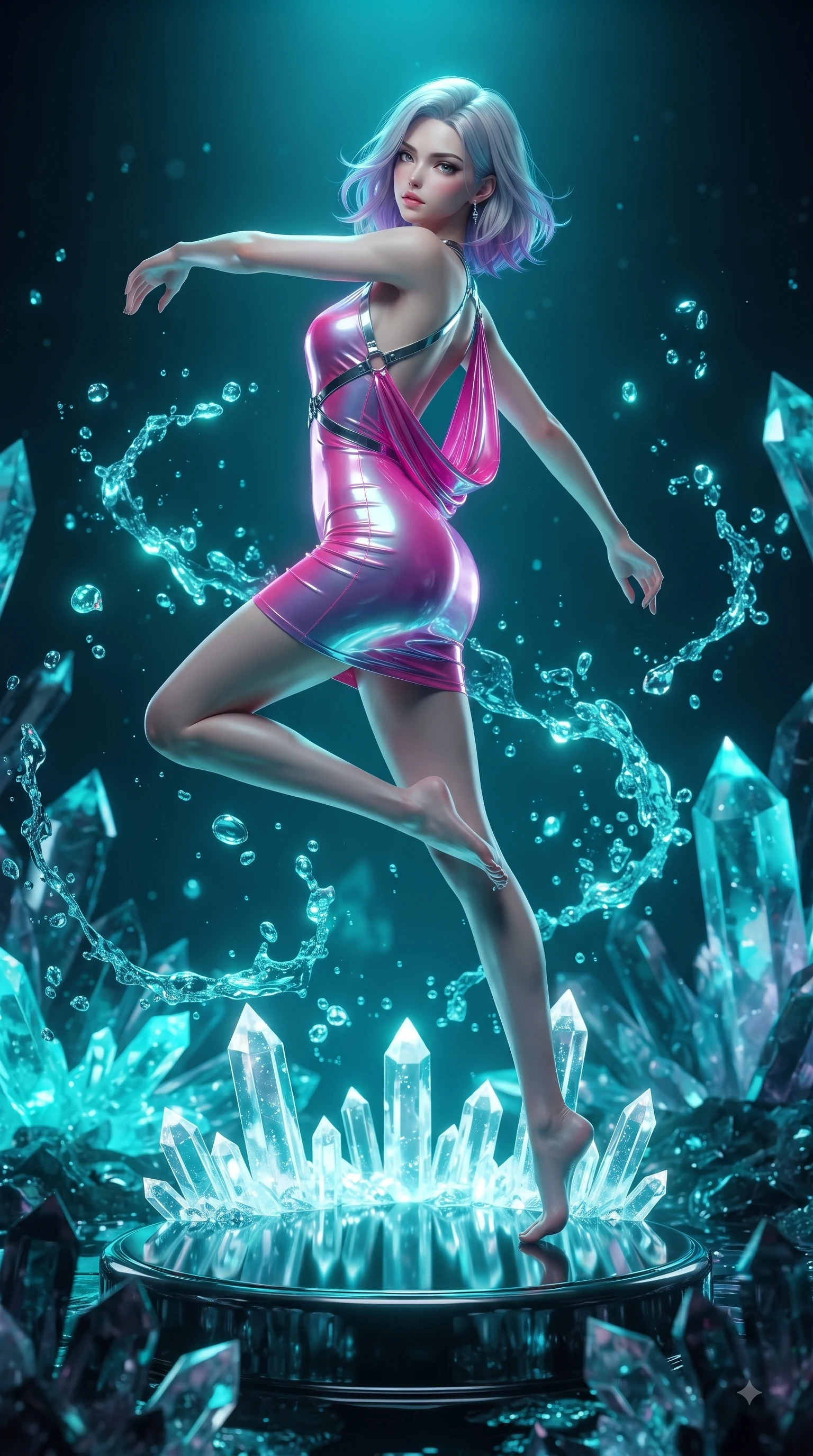 score_9, masterpiece, best quality, ultra-detailed, high-budget anime keyframe, editorial fashion photography, tasteful artistic composition, Caucasian woman. low angle full-body shot from head to toe showing her feet, filling the entire 9:16 vertical frame with her statuesque presence, stretching her vertical silhouette. leaping through mid-air with an athletic yet alluring arch of her spine, her impossibly long slender legs stretched in flawless poise while pivoting dynamically on a polished obsidian pedestal surrounded by glowing crystal stalactites. The surrounding environment is rendered in vivid detail and crisp panoramic clarity. sharp crystal facet geometries, splashing bioluminescent water droplets, and dark quartz in deep focus. She has an absolutely perfect, statuesque 8.5-heads proportion, an exceptionally tall and slender model-like female figure with impossibly long slender legs and an ultra-slim waist. sharp v-shaped jawline, high-bridge nose, intricate jewel-like eyes with depth, thick eyelashes, glossy lips with a natural sheen, flawlessly proportioned anatomical accuracy, natural body alignment, perfectly sculpted elegant limbs, clean dynamic posture without body distortion. wearing a precision-fitted liquid jersey bodycon dress with a dramatic draped cowl back that swoops down to her waist in chromatic platinum and blazing neon magenta, crafted from ultra-reflective second-skin latex with a glass-like polish, reinforced by a sleek metallic chrome harness and delicate glowing micro-straps, the form-contouring second-skin material highlighting her ultra-slim waist and long lines. bathed in intense cyan and turquoise bioluminescent glow and glittering water refractions. ultra-reflective glossy finish, specular highlights, metallic sheen, high-contrast stereoscopic depth, volumetric dynamic lighting, 2k, ultra detail, master piece, 9:16 ratio