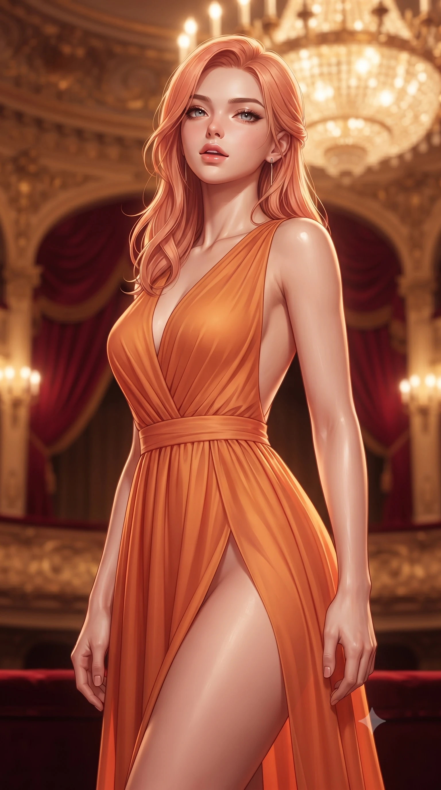 score_9, masterpiece, best quality, ultra-detailed, high-budget anime keyframe, editorial fashion photography, tasteful artistic composition, Japanese woman. close-up cowboy shot from the waist and thighs up, the character dominates the composition, filling the frame with her large presence, background elements kept in soft focus. tilting her chin up slightly with lips parted in a composed, provocative expression the background shows a soft-focus the 2nd-floor VIP opera box suite draped in heavy red silk velvet and gold carving decorations. She has an exceptionally elegant, slender, and willowy female figure with an ultra-slim waist, a gracefully sculpted slender torso, and a refined silhouette. sharp v-shaped jawline, high-bridge nose, intricate jewel-like eyes with depth, thick eyelashes, glossy lips with a natural sheen. wearing a tailored high-slit resort gown in sunset orange chiffon, featuring a daring thigh-slit and open back. warm golden light from the massive theater chandelier casting a soft wash. ultra-reflective glossy finish, specular highlights, metallic sheen, high-contrast stereoscopic depth, volumetric dynamic lighting, 2k, ultra detail, master piece, 9:16 ratio