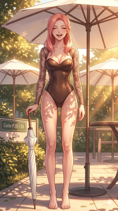 score_9, masterpiece, best quality, ultra-detailed, high-budget anime keyframe, vibrant anime aesthetic, Japanese woman. cowboy shot from the thighs up, character and outfit filling the frame for maximum presence. She is posing with a delightful laug