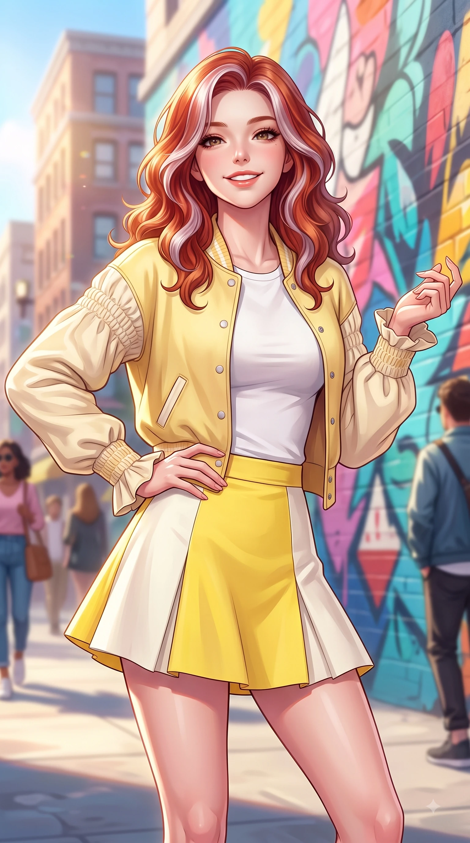 score_9, masterpiece, best quality, ultra-detailed, high-budget anime keyframe, editorial fashion photography, tasteful artistic composition, Caucasian woman. close-up cowboy shot from the waist and thighs up, the character dominates the composition, filling the frame with her large presence. Tilting her chin up with a sweet beaming smile of pure delight while balancing dynamically amidst the scene while pausing gracefully near a stylish street art mural on a sunny afternoon with a confident cute smile. The composition keeps background elements in soft focus with dreamy bokeh. sunlit urban architecture and stylish passersby blurred seamlessly in the background. She has an exceptionally elegant, slender, and willowy female figure with an ultra-slim waist, a gracefully sculpted slender torso, and a refined silhouette. sharp v-shaped jawline, high-bridge nose, intricate jewel-like eyes with depth, thick eyelashes, glossy lips with a natural sheen, flawlessly proportioned anatomical accuracy, natural body alignment, perfectly sculpted elegant limbs, clean dynamic posture without body distortion. wearing a chic urban pastel yellow varsity jacket, fitted white tee, and tennis skirt in bright butter yellow and fresh cream white, made of comfortable premium stretch denim and soft jersey, accented with soft smocked details and fluttery cuffs, the chic real-way fashion cut emphasizing her effortless charm. illuminated by crisp clear afternoon key light and vibrant street highlights. highly saturated vibrant anime colors, detailed shading with soft gradients, rich glossy textures, high-contrast stereoscopic depth, volumetric dynamic lighting, master piece, 9:16 ratio
