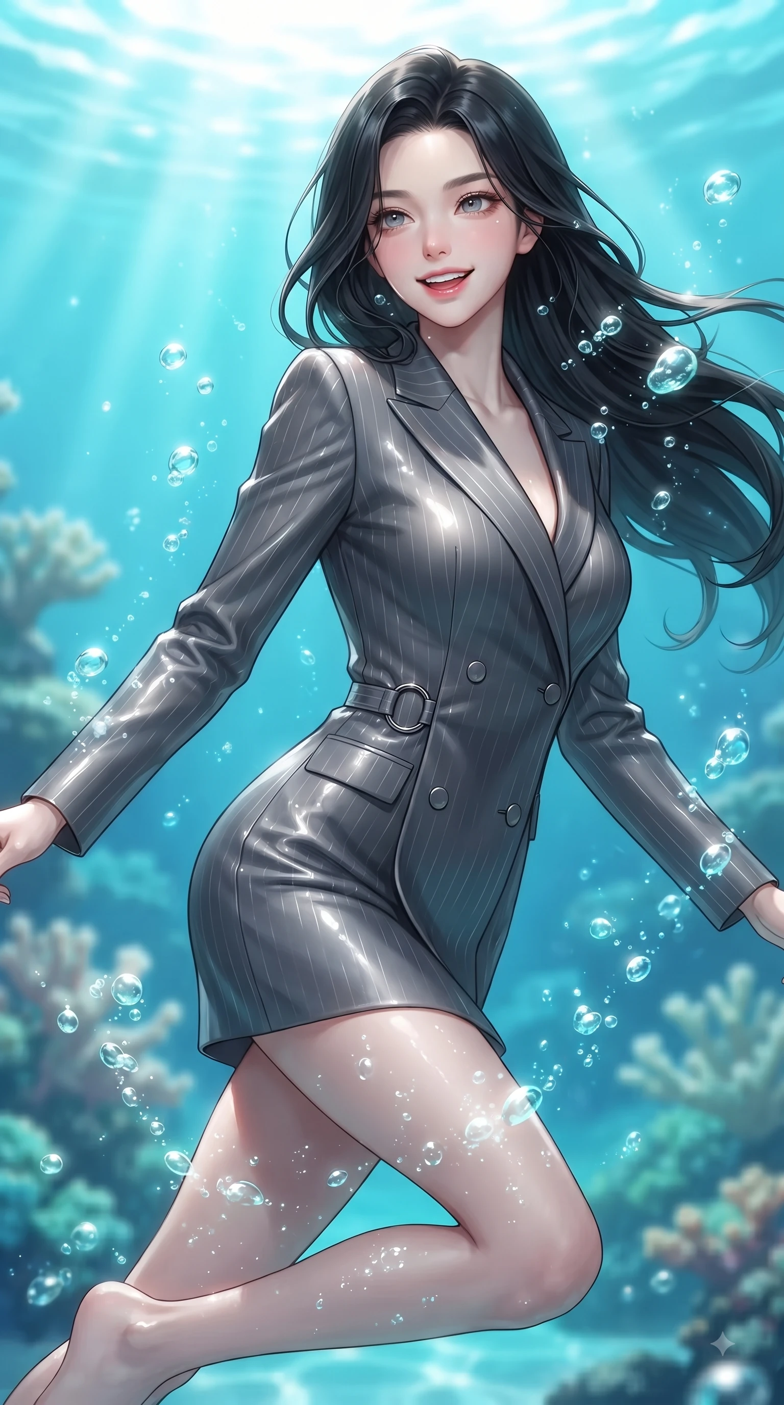 score_9, masterpiece, best quality, ultra-detailed, high-budget anime keyframe, editorial fashion photography, tasteful artistic composition, Korean woman. close-up cowboy shot from the waist and thighs up, the character dominates the composition, filling the frame with her large presence, background elements kept in soft focus. Cheerful beaming smile with parted lips, exuding pure enchanting charm while turning dynamically toward the camera while floating dynamically in a pristine coral lagoon as sea bubbles glitter around her like diamonds, rising bioluminescent bubbles casting soft pearl-white highlights on her skin. She has an exceptionally elegant, slender, and willowy female figure with an ultra-slim waist, a gracefully sculpted slender torso, and a refined silhouette. sharp v-shaped jawline, high-bridge nose, intricate jewel-like eyes with depth, thick eyelashes, glossy lips with a natural sheen, flawlessly proportioned anatomical accuracy, natural body alignment, perfectly sculpted elegant limbs, clean dynamic posture without body distortion. wearing a double-breasted blazer dress with subtle metallic pin-stripes in charcoal grey and platinum, crafted from smooth liquid silk, accented with delicate chrome ring hardware framing her waist, the tailored fabric tightly following every curve of her athletic build. bathed in brilliant underwater sunbeams and luminous turquoise caustic glow. ultra-reflective glossy finish, specular highlights, metallic sheen, high-contrast stereoscopic depth, volumetric dynamic lighting, 2k, ultra detail, master piece, 9:16 ratio