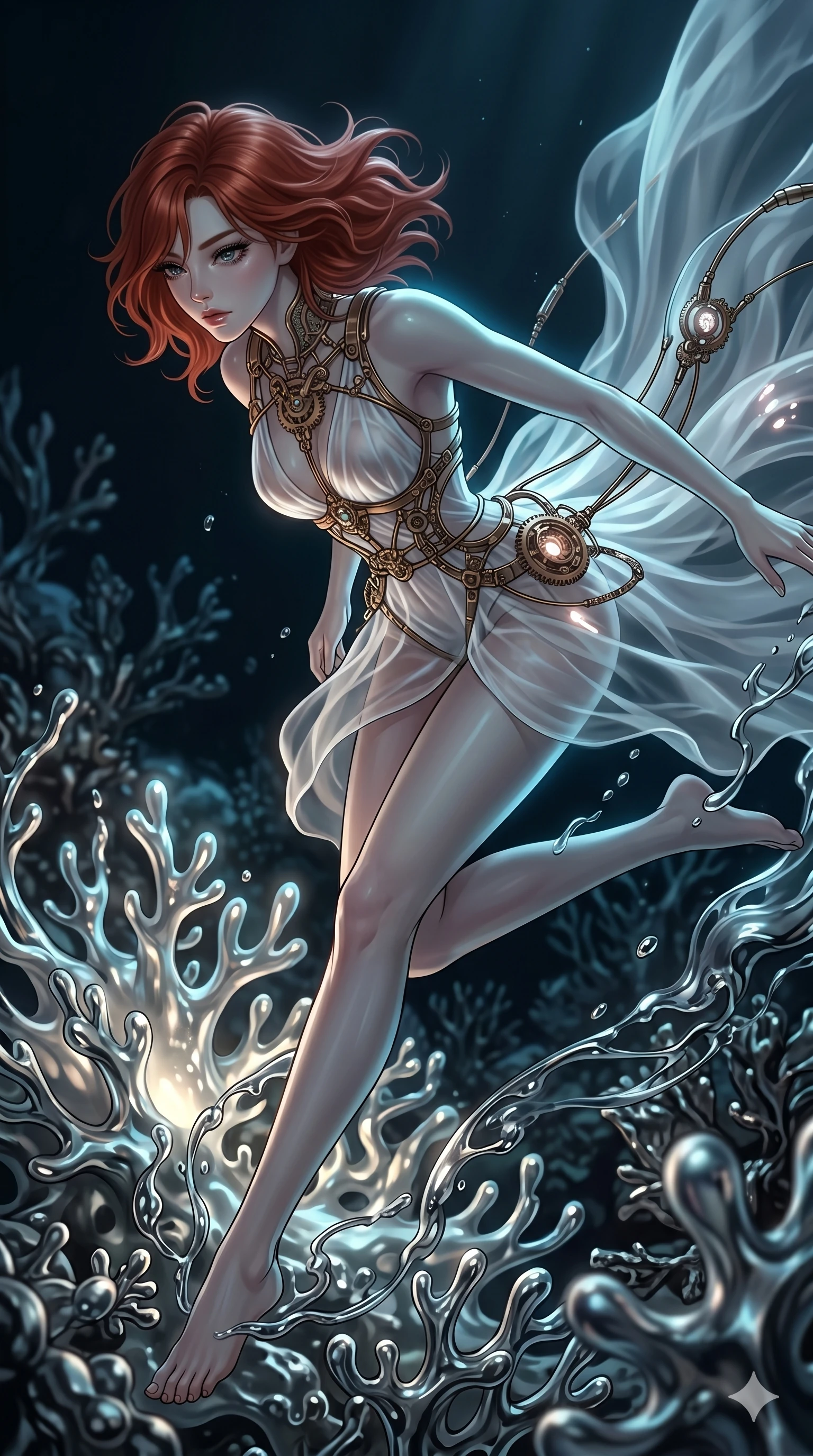 score_9, masterpiece, best quality, ultra-detailed, high-budget anime keyframe, Korean woman. upper body close-up from the thighs up, character filling the screen for maximum presence. diving through a bionic fluid mercury reef where self-replicating liquid chrome corals pulse under dark ocean water. She has an absolutely perfect 8-heads proportion, an exceptionally tall and slender female figure with impossibly long slender legs and an ultra-slim waist. V-shaped jawline, high-bridge nose, intricate jewel-like eyes with depth, thick eyelashes, glossy lips with a natural sheen.. wearing a chrono-gear wire harness couture, featuring micro-bronze gear wire harness cinching her waist, over a sheer white organza dress. lit by a soft glowing ambient light and a sharp side key light that traces the sleek contours of her athletic build. 2k, ultra detail, master piece, 9:16 ratio