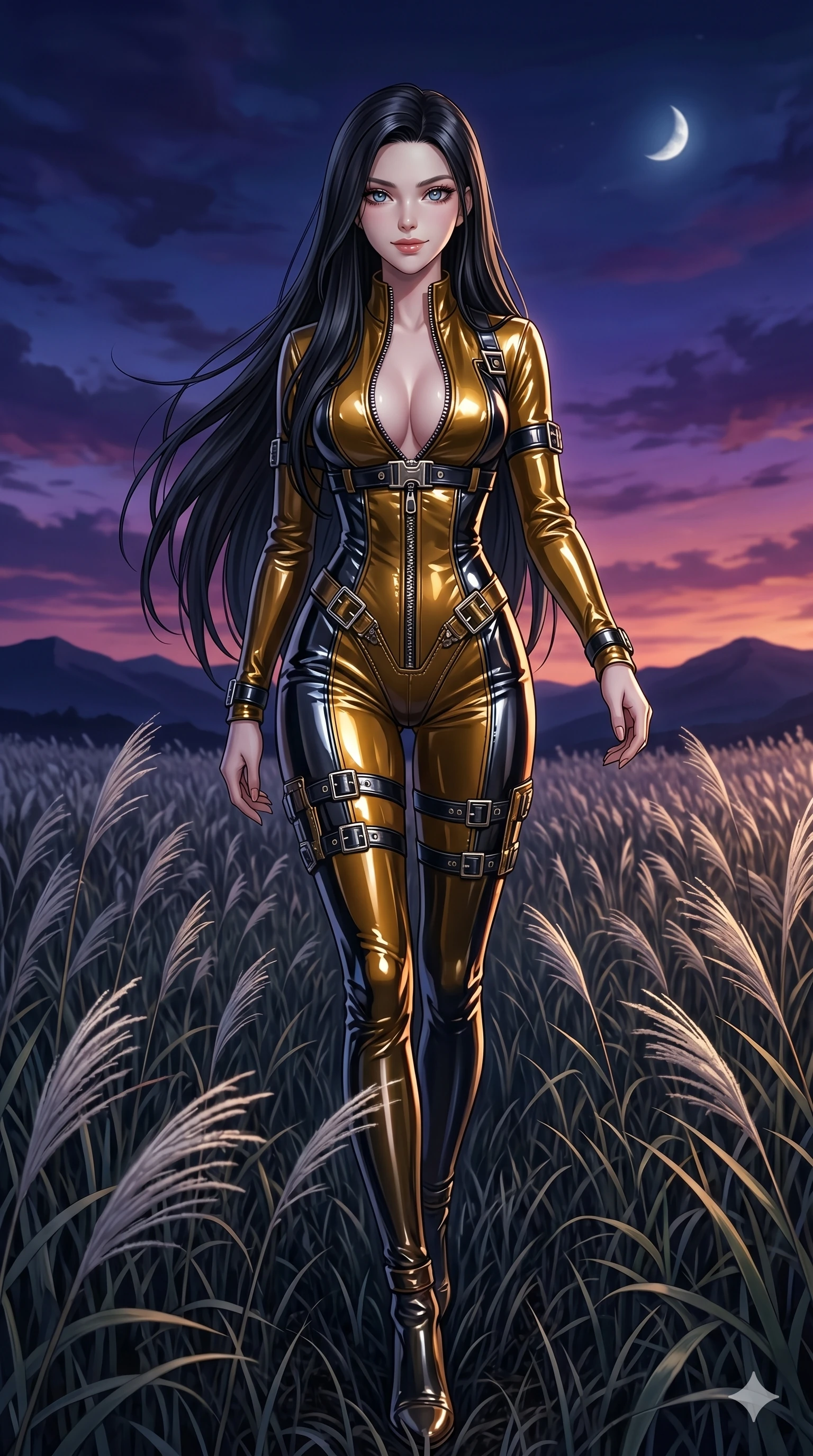 score_9, masterpiece, best quality, ultra-detailed, High-budget Anime Keyframe, East Asian woman. Dynamic full-body shot stretching the vertical silhouette to the limit. Scenario 78: Walking through a field of tall silver grass at twilight. Her presence is magnetic and overpowering in this high-budget anime scene. Outfit 78: A patent leather gold with a unzipped detail and metallic buckles. The clothing is designed to emphasize her exceptionally tall and slender 8-heads proportion. 8-heads proportion, towering silhouette, ultra-slim waist. sharp v-shaped jawline, intricate jewel-like eyes with depth, thick eyelashes, glossy lips. 2k, ultra detail, master piece, 9:16 ratio