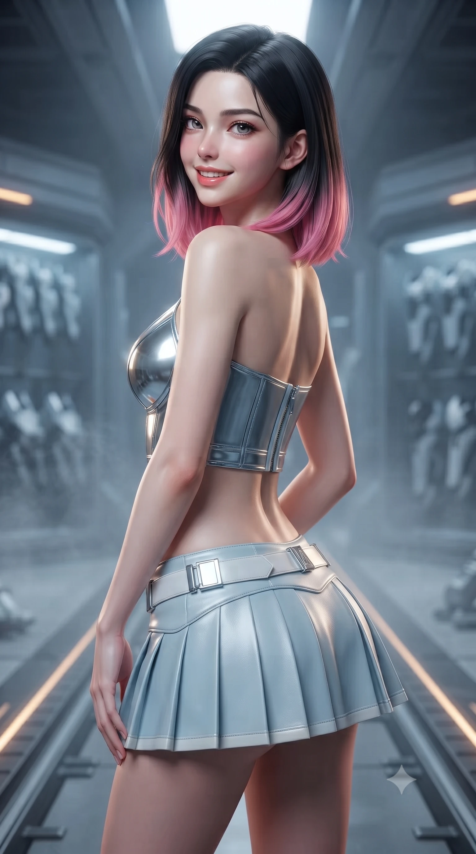 score_9, masterpiece, best quality, ultra-detailed, high-budget anime keyframe, editorial fashion photography, tasteful artistic composition, Korean woman. close-up cowboy shot from the waist and thighs up, the character dominates the composition, filling the frame with her large presence. posing in an alluring rear three-quarter angle, looking over a bare shoulder with parted glossy lips, her hips cocked back to highlight her slim hourglass curve while standing poised on the magnetic guidance track in the cavernous zero-g armory, arching her spine with commanding haute-couture charisma as sleek armor-piercing sabots float in magnetic lock racks. The background shows a soft-focus zero-gravity particulate haze softened in orbital defense armory shallow focus. She has an exceptionally elegant, slender, and willowy female figure with an ultra-slim waist, flat toned midriff, narrow ribcage, and sculpted feminine hips creating an alluring, slim hourglass silhouette without bulk. sharp v-shaped jawline, high-bridge nose, intricate jewel-like sparkling eyes with depth, thick eyelashes, glossy parted lips with a natural peach sheen, bright cheerful beaming smile with an enchanting and coquettish sensual glint, exuding both youthful cute charm and seductive allure, flawlessly proportioned anatomical accuracy, strict slender model proportions, natural body alignment, perfectly sculpted long slender limbs, ultra-slim waistline, clean dynamic posture without body distortion. wearing a chrome-plated tactical combat bustier top with reinforced underwire paired with a low-rise pleated micro combat skirt in arctic cryo-glacier ice blue and platinum white, woven from buttery-soft stretch lambskin leather adhering to her body like a second skin, finished with sleek magnetic buckle closures fluttering in the breeze, the form-contouring silhouette accentuating her sculpted flat midriff, narrow delicate ribcage, and gracefully curvy hips with intoxicating allure. illuminated by dark titanium floor reflection bounce and sharp platinum-amber rim lights sculpting her jawline, narrow waist, and curvy hips. ultra-reflective glossy finish, specular highlights, rich textural contrasts, high-contrast stereoscopic depth, volumetric dynamic lighting, 2k, ultra detail, master piece, 9:16 ratio