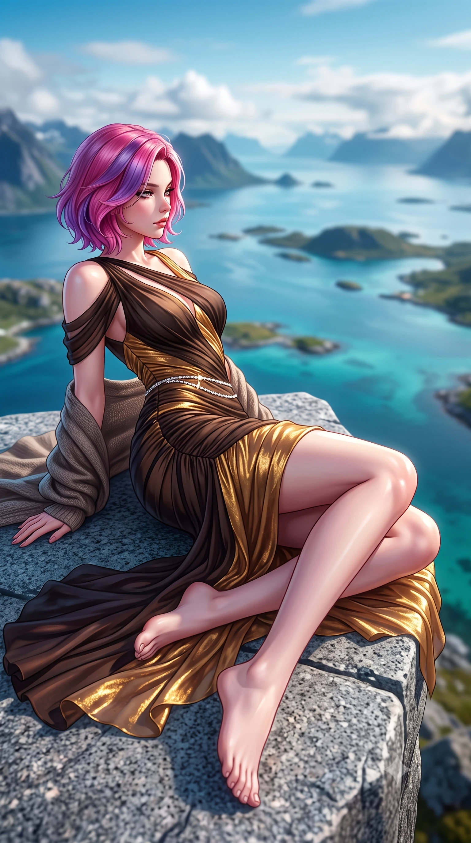score_9, masterpiece, best quality, ultra-detailed, high-budget anime keyframe, semi-realistic 3D game render, editorial fashion photography, tasteful artistic composition, Caucasian woman. low angle full-body shot from head to toe showing her feet, filling the entire 9:16 vertical frame with her statuesque presence, stretching her vertical silhouette. reclining on her side in an elegant Cleopatra pose with one knee drawn up, the dramatic contour of her rounded hips and long slender legs commanding the 9:16 vertical frame while turning in an alluring contrapposto stance as cool Arctic winds whip her knit shawl, gazing out over the labyrinth of granite islands and turquoise waters. The composition keeps background elements in soft focus with creamy bokeh. midnight sun clouds and distant sea horizons softened in ethereal Arctic shallow focus. She has an exceptionally tall and slender model-like 8.5-heads proportion, an ultra-slim waist, a flat toned midriff, narrow delicate ribcage, and beautifully sculpted feminine hips creating a graceful, slim hourglass silhouette without any bulky heaviness, with impossibly long slender legs. sharp v-shaped jawline, high-bridge nose, intricate jewel-like eyes with depth, thick eyelashes, glossy parted lips with a natural sheen, intensely captivating and seductive bedroom-eyes expression, flawlessly proportioned anatomical accuracy, strict slender model proportions, natural body alignment, perfectly sculpted long slender limbs, ultra-slim waistline, clean dynamic posture without body distortion. wearing a form-contouring cocktail dress with an asymmetrical open shoulder and hip-defining ruching in dark espresso brown and molten gold foil, woven from layered gossamer chiffon with a weightless sweeping drape, accented with a dainty diamond waist chain catching the ambient light reflections, the second-skin form-contouring cut accentuating her sculpted flat midriff, narrow delicate ribcage, and gracefully curvy hips with supermodel precision. illuminated by cool fjord water ambient fill contouring her razor-sharp jawline, narrow waist, and curvy hips. highly saturated vibrant anime colors, detailed shading with soft gradients, rich glossy textures, high-contrast stereoscopic depth, volumetric dynamic lighting, master piece, 9:16 ratio