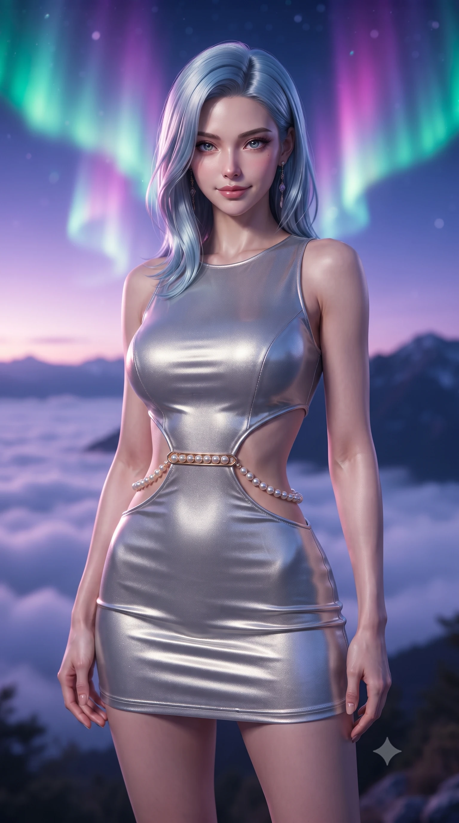 score_9, masterpiece, best quality, ultra-detailed, high-budget anime keyframe, editorial fashion photography, tasteful artistic composition, Korean woman. close-up cowboy shot from the waist and thighs up, the character dominates the composition, filling the frame with her large presence, background elements kept in soft focus. Smiling with quiet, magnetic self-assurance directly into the camera, standing on a mountain terrace as green and violet aurora ribbons dance overhead, soft cloud layer below reflecting subtle violet skyglow. She has an exceptionally elegant, slender, and willowy female figure with an ultra-slim waist, a gracefully sculpted slender torso, and a refined silhouette. sharp v-shaped jawline, high-bridge nose, intricate jewel-like eyes with depth, thick eyelashes, glossy lips with a natural sheen. wearing dramatic open-waist cutout mini dress in opal velvet framed by chrome hardware in champagne gold, made of liquid mercury jersey, adorned with minimalist pearl hardware framing the waistline, accentuating her gracefully sculpted slender torso. illuminated by shifting aurora borealis palette (emerald, magenta, violet) from above. ultra-reflective glossy finish, specular highlights, metallic sheen, high-contrast stereoscopic depth, volumetric dynamic lighting, 2k, ultra detail, master piece, 9:16 ratio