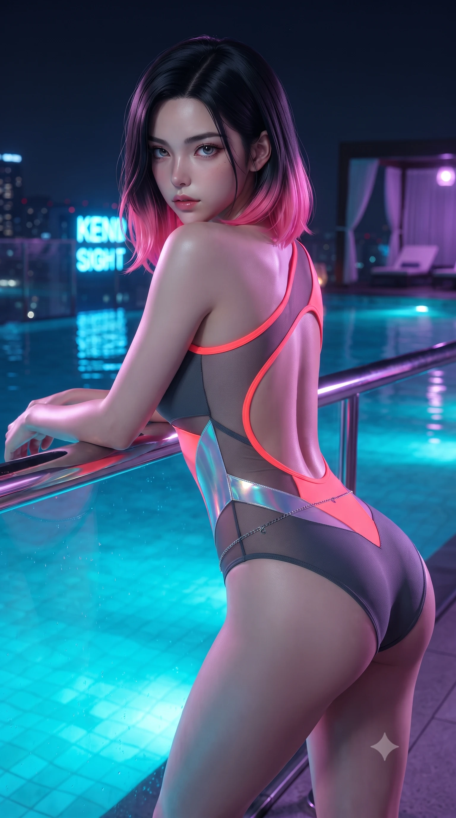 score_9, masterpiece, best quality, ultra-detailed, high-budget anime keyframe, editorial fashion photography, tasteful artistic composition, Korean woman. close-up cowboy shot from the waist and thighs up, the character dominates the composition, filling the frame with her large presence. leaning forward against the polished railing with her hips cocked back, creating an intoxicating curve from her narrow waist to sculpted hips as she gazes back into the lens while standing at the infinity pool edge with her back to the camera, twisting her torso to cast a smoldering, dangerous look over her shoulder. The surrounding environment is rendered in vivid detail and crisp panoramic clarity. detailed neon sign typography, wet fabric sheen, and night skyline reflections in high clarity. She has an exceptionally elegant, slender, and willowy female figure with an ultra-slim waist, a gracefully sculpted slender torso, toned flat midriff, and rounded feminine hips creating an alluring hourglass silhouette. sharp v-shaped jawline, high-bridge nose, intricate jewel-like eyes with depth, thick eyelashes, glossy parted lips with a natural sheen, intensely captivating and seductive bedroom-eyes expression, flawlessly proportioned anatomical accuracy, strict slender model proportions, natural body alignment, perfectly sculpted long slender limbs, ultra-slim waistline, clean dynamic posture without body distortion. wearing an asymmetrical one-shoulder cut-out swimsuit with holographic side panels and hip straps in blazing neon coral and graphite grey, made of stretchy athletic knit with sheer mesh cutout inserts, complemented by a delicate metallic hip chain catching the neon pool caustics, the dramatically scooped open back descending to the base of her spine, accentuating her razor-sharp statuesque lines and curvy hourglass silhouette. bathed in glowing underwater cyan LED illumination and ambient violet neon cabana downlights. ultra-reflective glossy finish, specular highlights, rich textural contrasts, high-contrast stereoscopic depth, volumetric dynamic lighting, 2k, ultra detail, master piece, 9:16 ratio