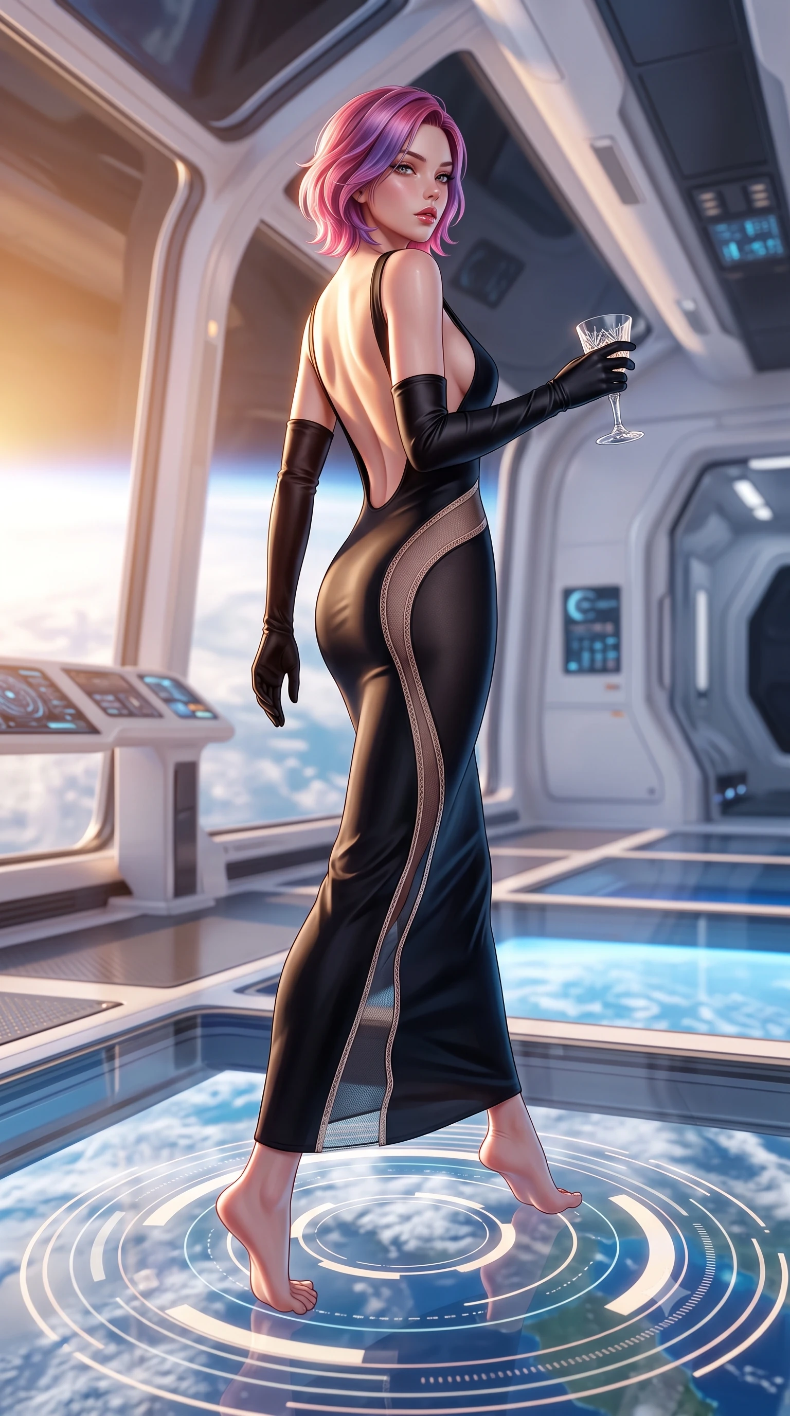 score_9, masterpiece, best quality, ultra-detailed, high-budget anime keyframe, semi-realistic 3D game render, editorial fashion photography, tasteful artistic composition, Caucasian woman. low angle full-body shot from head to toe showing her feet, filling the entire 9:16 vertical frame with her statuesque presence, stretching her vertical silhouette. striding forward in a proud supermodel runway stride, hips swaying in an alluring kinetic rhythm that accentuates her curvy hourglass silhouette while standing poised on the magnetic observation deck, twisting her slender torso in an alluring S-curve as continents and cloud swirls drift beneath her feet. The composition keeps background elements in soft focus with creamy bokeh. sleek white space station bulkheads and glowing telemetry rings softened in futuristic shallow focus. She has an exceptionally tall and slender model-like 8.5-heads proportion, an ultra-slim waist, a flat toned midriff, narrow delicate ribcage, and beautifully sculpted feminine hips creating a graceful, slim hourglass silhouette without any bulky heaviness, with impossibly long slender legs. sharp v-shaped jawline, high-bridge nose, intricate jewel-like eyes with depth, thick eyelashes, glossy parted lips with a natural sheen, intensely captivating and seductive bedroom-eyes expression, flawlessly proportioned anatomical accuracy, strict slender model proportions, natural body alignment, perfectly sculpted long slender limbs, ultra-slim waistline, clean dynamic posture without body distortion. wearing a second-skin black silk jersey maxi dress with asymmetrical sheer mesh side panels tracing the full curve of her hip in vintage champagne ivory and delicate rose gold, tailored from ultra-smooth duchess satin with a pearlescent sheen, accessorized with opera-length satin gloves and a vintage crystal glass, the dramatically scooped open back descending to the base of her spine, accentuating her razor-sharp statuesque lines and slim hourglass silhouette. bathed in radiant golden orbital sunrise backlighting and ambient cool blue Earth glow from below. highly saturated vibrant anime colors, detailed shading with soft gradients, rich glossy textures, high-contrast stereoscopic depth, volumetric dynamic lighting, master piece, 9:16 ratio