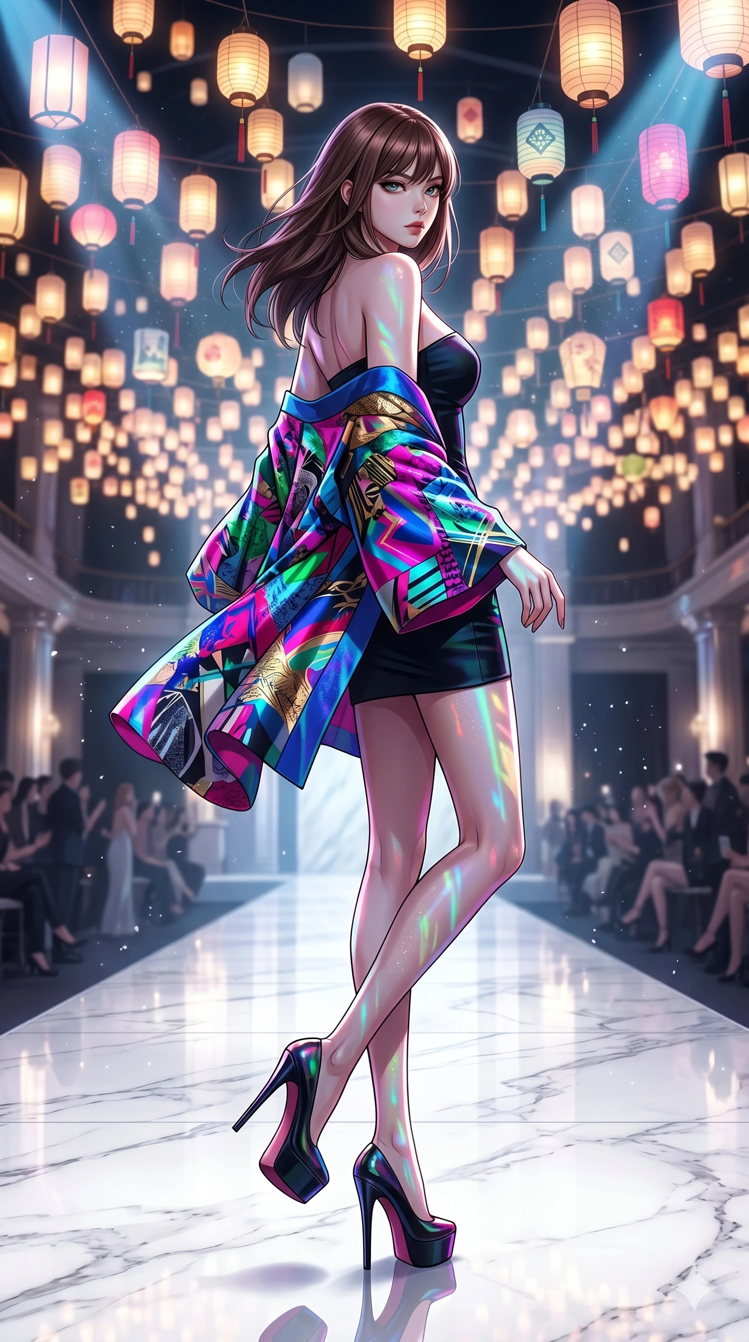 score_9, masterpiece, best quality, ultra-detailed, high-budget anime keyframe, editorial fashion photography, tasteful artistic composition, Korean woman. low angle full-body shot from head to toe showing her feet, filling the entire 9:16 vertical frame with her statuesque presence, stretching her vertical silhouette. Pivoting sharply on one heel on a runway of pure white polished marble under a canopy of thousands of floating lanterns. She has an absolutely perfect 8-heads proportion, an exceptionally tall and slender female figure with impossibly long slender legs and an ultra-slim waist. V-shaped jawline, high-bridge nose, intricate jewel-like eyes with depth, thick eyelashes, glossy lips with a natural sheen. wearing a vivid silk-screened digital art-print oversized kimono statement jacket over a structured strapless bodycon mini dress in contrasting deep black, with bold editorial graphic print clash. lit by high-contrast holographic projection lighting with colored data-stream shadows. 2k, ultra detail, master piece, 9:16 ratio