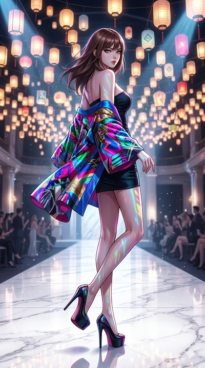 score_9, masterpiece, best quality, ultra-detailed, high-budget anime keyframe, editorial fashion photography, tasteful artistic composition, Korean woman. low angle full-body shot from head to toe showing her feet, filling the entire 9:16 vertical f