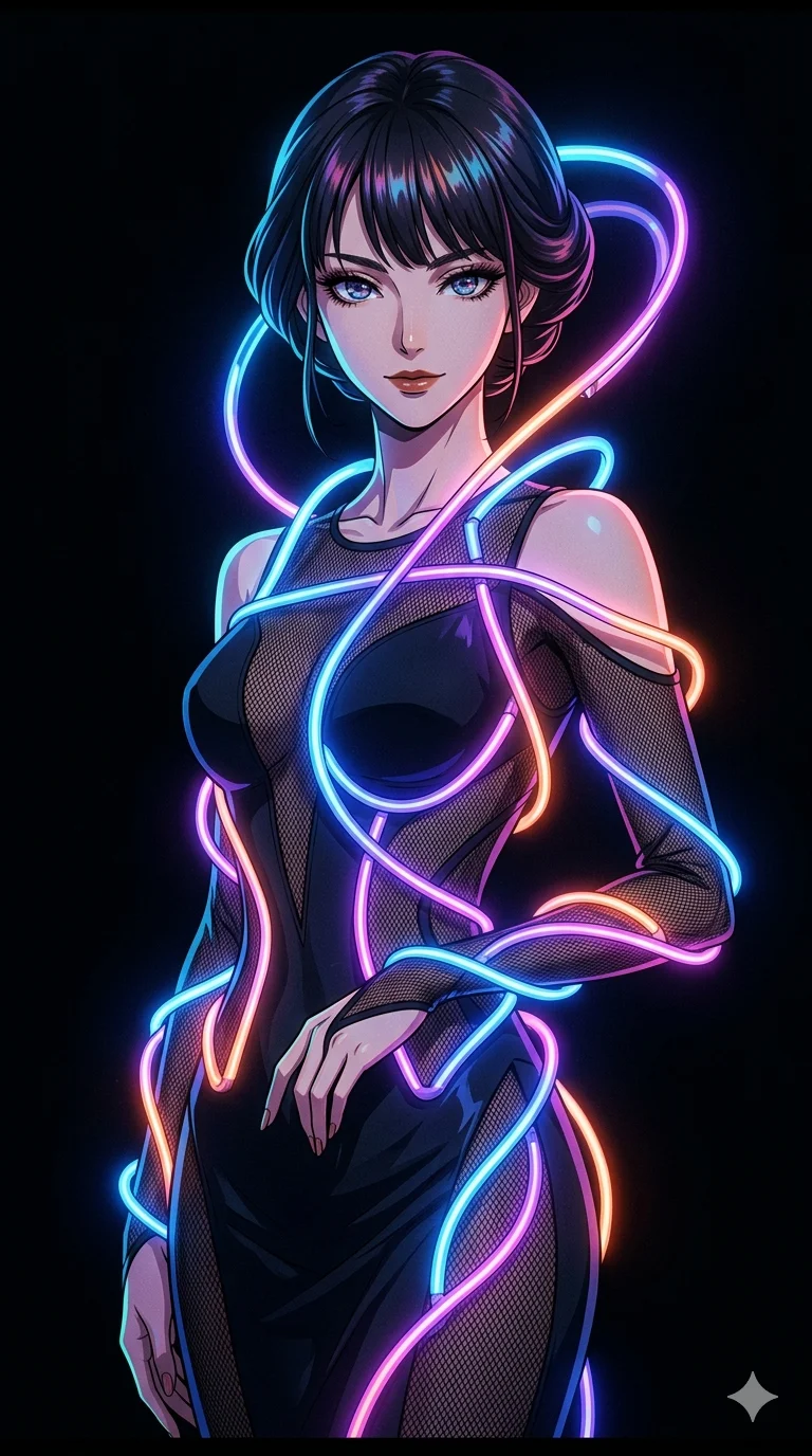 score_9, masterpiece, best quality, ultra-detailed, high-budget anime keyframe, an incredibly beautiful Japanese woman. Medium shot of upper body focusing on her alluring features and slim-fit silhouette, filling the vertical 9:16 frame. She is a living art installation. She possesses a statuesque height and a towering silhouette, highlighting her long slender legs and perfect 8-heads proportion. Her face is a highly detailed masterpiece featuring a sharp v-shaped jawline, high-bridge nose, intricate jewel-like eyes, thick eyelashes, and glossy lips. She is wearing a sensual sheer fabric gown wrapped in glowing neon tubes. A pitch-black room illuminated only by the neon lights on her body., 2k, ultra detail, master piece, 9:16 ratio
