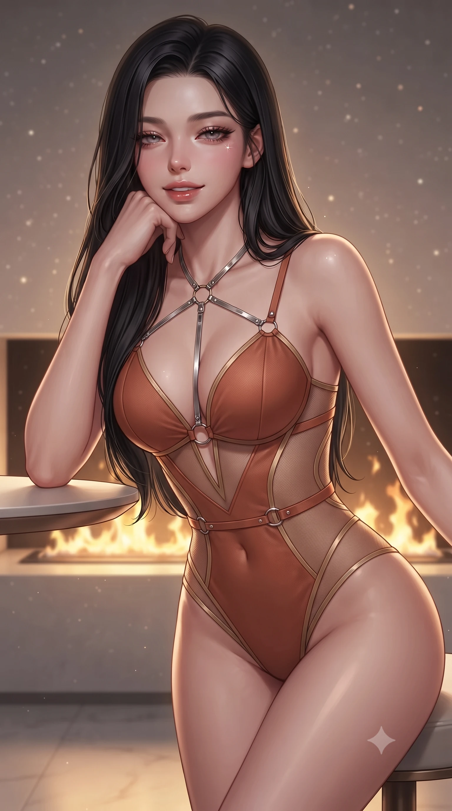 score_9, masterpiece, best quality, ultra-detailed, high-budget anime keyframe, editorial fashion photography, tasteful artistic composition, Korean woman. close-up cowboy shot from the waist and thighs up, the character dominates the composition, filling the frame with her large presence. resting one elbow on the table and supporting her chin, leaning close to the camera with heavy-lidded sparkling eyes and parted lips while twisting her slender torso in an alluring contrapposto stance beside the minimalist fireplace niche, warm golden plasma flames dancing across her narrow waist and curvy hips. The background shows a soft-focus ambient starlight particulate glow softened in orbital officer sanctuary shallow focus. She has an exceptionally elegant, slender, and willowy female figure with an ultra-slim waist, flat toned midriff, narrow ribcage, and sculpted feminine hips creating an alluring, slim hourglass silhouette without bulk. sharp v-shaped jawline, high-bridge nose, intricate jewel-like sparkling eyes with depth, thick eyelashes, glossy parted lips with a natural peach sheen, bright cheerful beaming smile with an enchanting and coquettish sensual glint, exuding both youthful cute charm and seductive allure, flawlessly proportioned anatomical accuracy, strict slender model proportions, natural body alignment, perfectly sculpted long slender limbs, ultra-slim waistline, clean dynamic posture without body distortion. wearing an alluring plunging sweetheart tactical bodice with sheer mesh side-waist cutouts contouring her ribs in Martian desert terracotta and dust-storm gold, adorned with delicate chrome ring hardware and cutouts along her slender waist, accented with a chrome-drop body harness subtly framing her dewy collarbones and spine, the precision-cut side openings and low-back scoop framing her graceful spine and the sensual sweep of her slim, toned hips. illuminated by white polymer floor reflection bounce and sharp platinum rim lights sculpting her jawline, narrow waist, and curvy hips. ultra-reflective glossy finish, specular highlights, rich textural contrasts, high-contrast stereoscopic depth, volumetric dynamic lighting, 2k, ultra detail, master piece, 9:16 ratio