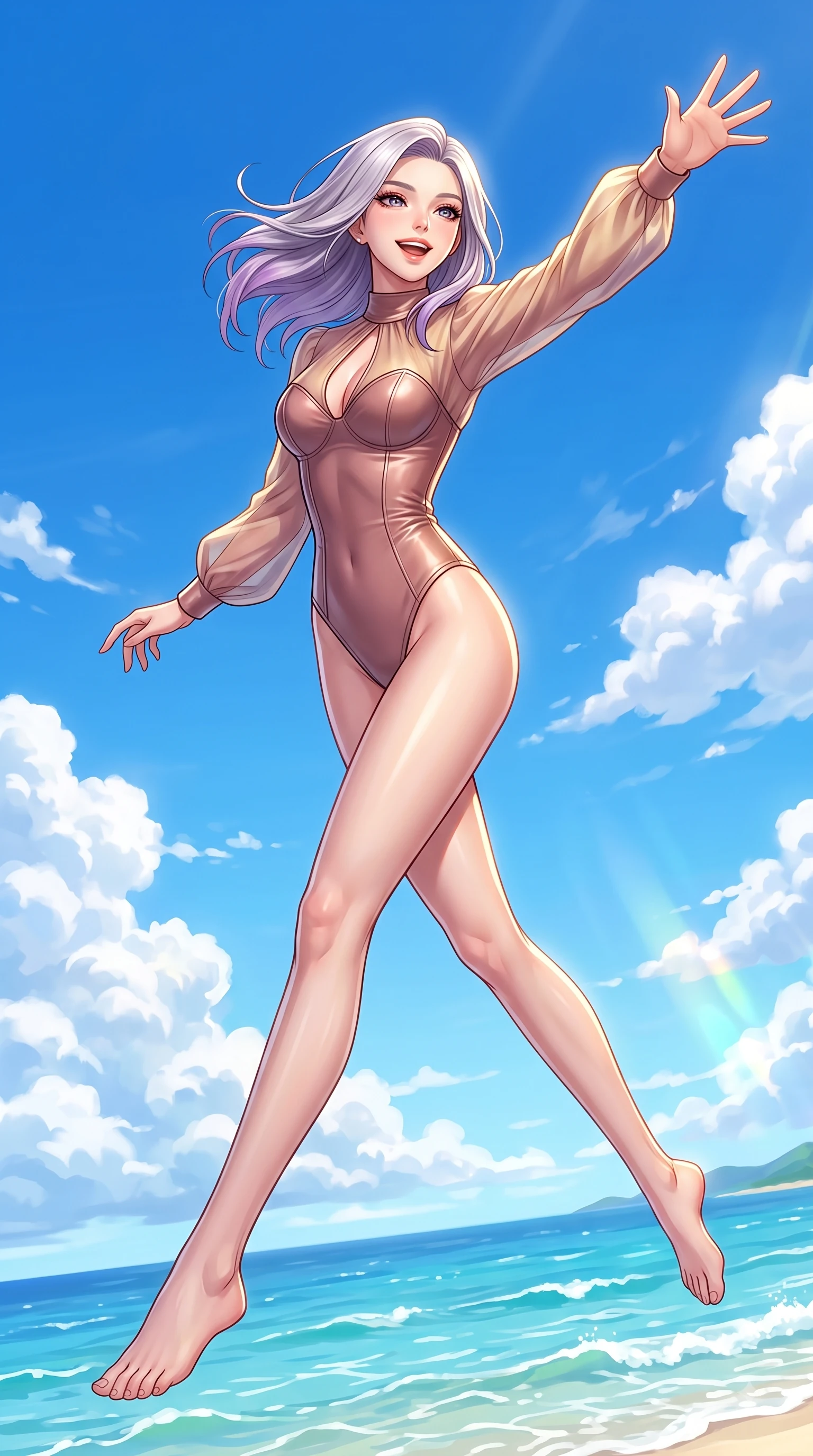 score_9, masterpiece, best quality, ultra-detailed, high-budget anime keyframe, editorial fashion photography, tasteful artistic composition, Caucasian woman. low angle full-body shot from head to toe showing her feet, filling the entire 9:16 vertical frame with her statuesque presence, stretching her vertical silhouette. leaping with pure youthful energy through mid-air with a radiant bright smile, her impossibly long slender legs stretched in balance while reaching out cheerfully to feel the fresh ocean breeze while smiling happily at the sea, clear blue sky with soft white fluffy cumulus clouds adding vacation joy. She has an absolutely perfect, statuesque 8.5-heads proportion, an exceptionally tall and slender model-like female figure with impossibly long slender legs and an ultra-slim waist. sharp v-shaped jawline, high-bridge nose, intricate jewel-like eyes with depth, thick eyelashes, glossy lips with a natural sheen, flawlessly proportioned anatomical accuracy, natural body alignment, perfectly sculpted elegant limbs, clean dynamic posture without body distortion. wearing a tailored leather bustier over a sheer silk chiffon blouse in dusty rose and champagne gold, formed from sleek second-skin neoprene, accented with a Tasteful chest slit framing her clavicle gracefully, the glove-like fit emphasizing her statuesque silhouette during motion. surrounded by a fresh, sun-drenched, and relaxing vacation atmosphere. highly saturated vibrant anime colors, detailed shading with soft gradients, rich glossy textures, high-contrast stereoscopic depth, volumetric dynamic lighting, master piece, 9:16 ratio