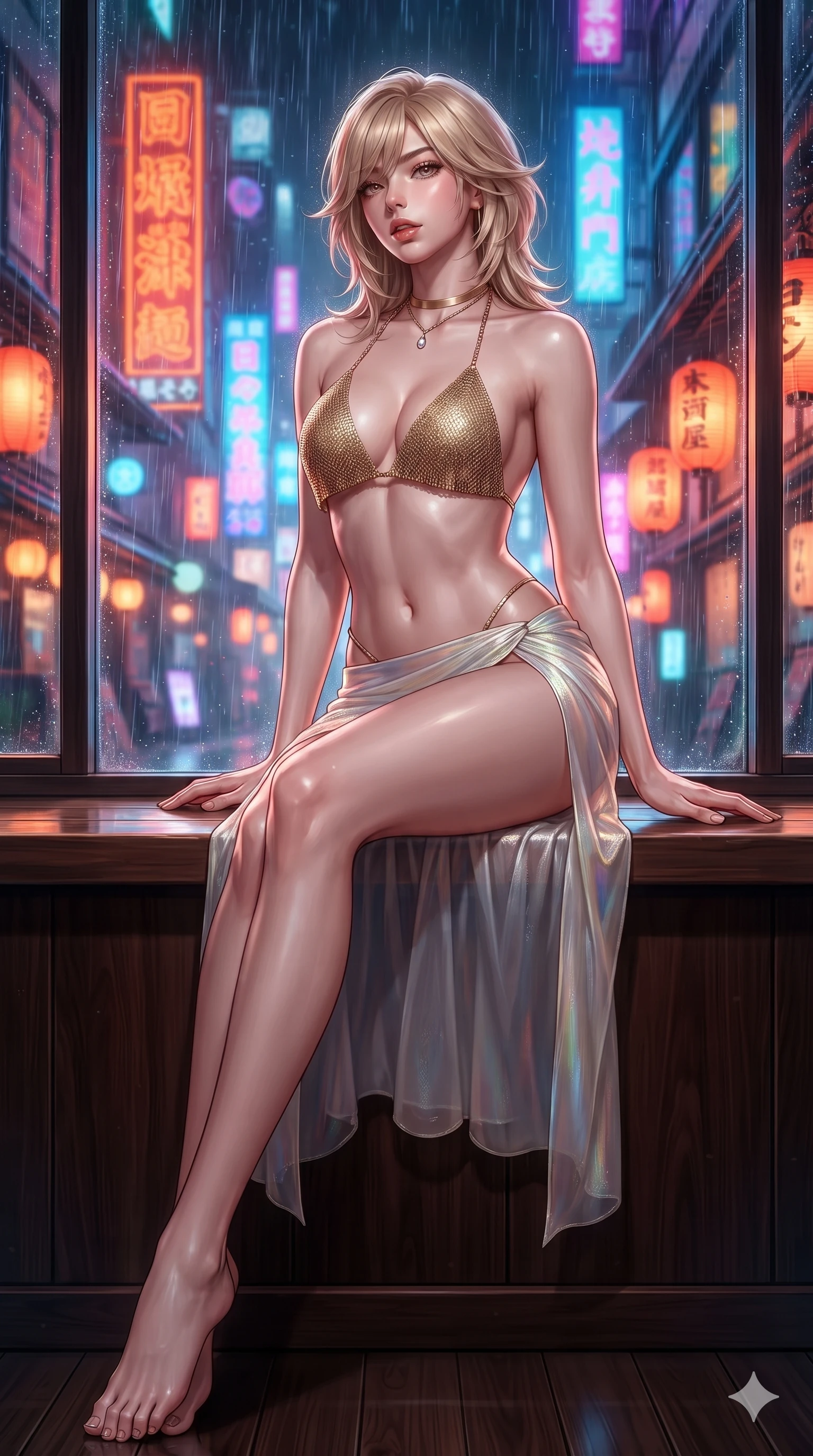 score_9, masterpiece, best quality, ultra-detailed, high-budget anime keyframe, editorial fashion photography, tasteful artistic composition, Japanese woman. low angle full-body shot from head to toe showing her feet, filling the entire 9:16 vertical frame with her statuesque presence, stretching her vertical silhouette. stepping forward in a confident stride, her long slender legs and curvaceous hips creating a dynamic, sweeping vertical line while sitting perched on the polished wood window bench with legs crossed, looking over her bare shoulder with parted glossy lips and magnetic siren charisma. The background shows a soft-focus holographic kanji billboards, streaming rain outside glass panels, and warm paper lantern glows blurred into vermilion, amber, and deep violet bokeh. She has an absolutely perfect, statuesque 8.5-heads proportion, an exceptionally tall and slender model-like female figure with impossibly long slender legs, an ultra-slim waist, a flat toned midriff, narrow delicate ribcage, and beautifully sculpted feminine hips creating a graceful, slim hourglass silhouette without any bulky heaviness. sharp v-shaped jawline, high-bridge nose, sparkling eyes with hypnotic seductive depth, thick curled eyelashes, glossy parted lips with a natural dewy peach sheen, alluring bedroom-eyes with an enchanting coquettish smile, exuding magnetic siren charisma and sophisticated glamour, flawlessly proportioned anatomical accuracy, strict slender model proportions, natural body alignment, perfectly sculpted long slender limbs, ultra-slim waistline, clean dynamic posture without body distortion. wearing a daring micro-triangle chainmail halter top paired with an ultra-low-slung side-slit metallic micro wrap skirt in iridescent pearl white and champagne titanium, woven from ultra-fine sheer silk chiffon with a translucent ethereal drape, finished with a minimalist gold choker and a single teardrop diamond pendant, the razor-revealing micro cut emphasizing her long statuesque legs, ultra-slim waist, and feminine curves with provocative siren glamour. bathed in dynamic shifting multi-color neon light transmitted through rain-streaked exterior glass. ultra-reflective glossy finish, specular highlights, rich textural contrasts, high-contrast stereoscopic depth, volumetric dynamic lighting, 2k, ultra detail, master piece, 9:16 ratio