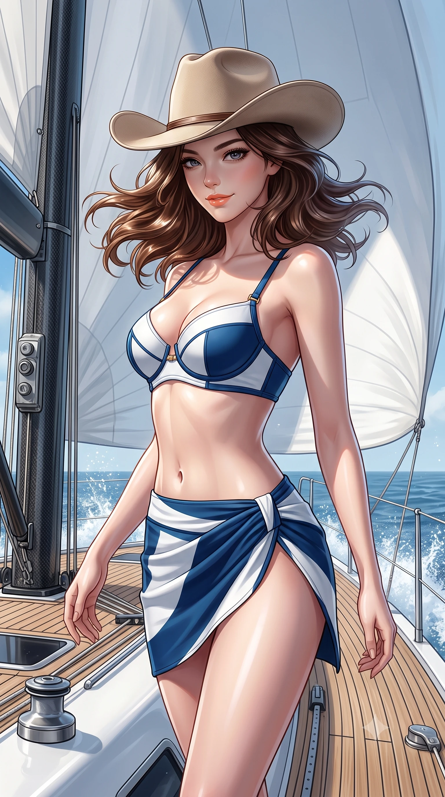 score_9, masterpiece, best quality, ultra-detailed, high-budget anime keyframe, semi-realistic 3D game render, editorial fashion photography, tasteful artistic composition, Korean woman. close-up cowboy shot from the waist and thighs up, the character dominates the composition, filling the frame with her large presence. turning slowly with an enchanting smoldering smile, her glossy hair tossing in the breeze as her hips angle gracefully in a captivating contrapposto while twisting her slender torso in an alluring S-curve, billowing white spinnaker sail casting soft shadow gradients across her curves. The surrounding environment is rendered in vivid detail and crisp panoramic clarity: sharp teak caulking seams, carbon-fiber mast weave, and polished titanium deck hardware in deep focus. She has an exceptionally elegant, slender, and willowy female figure with an ultra-slim waist, flat toned midriff, narrow ribcage, and sculpted feminine hips creating an alluring, slim hourglass silhouette without bulk. sharp v-shaped jawline, high-bridge nose, sparkling eyes with hypnotic seductive depth, thick curled eyelashes, glossy parted lips with a natural dewy peach sheen, alluring bedroom-eyes with an enchanting coquettish smile, exuding magnetic siren charisma and sophisticated glamour, flawlessly proportioned anatomical accuracy, strict slender model proportions, natural body alignment, perfectly sculpted long slender limbs, ultra-slim waistline, clean dynamic posture without body distortion. wearing a structured underwire bikini bustier top paired with an ultra-short draped sarong wrap mini skirt in high-contrast coastal monochrome with gold hardware, tailored from second-skin technical compression neoprene with athletic curve-sculpting stretch, finished with a wide-brimmed felt cowboy hat tipped back to frame her face and long glossy hair, the high-slit wrap tailoring accentuating her ultra-slim waistline and the enchanting curve of her feminine hips with alluring seductive charm. illuminated by sea spray bounce and sharp platinum rim lights defining her delicate clavicles, ultra-slim waist, and curvy hips. highly saturated vibrant anime colors, detailed shading with soft gradients, rich glossy textures, high-contrast stereoscopic depth, volumetric dynamic lighting, master piece, 9:16 ratio