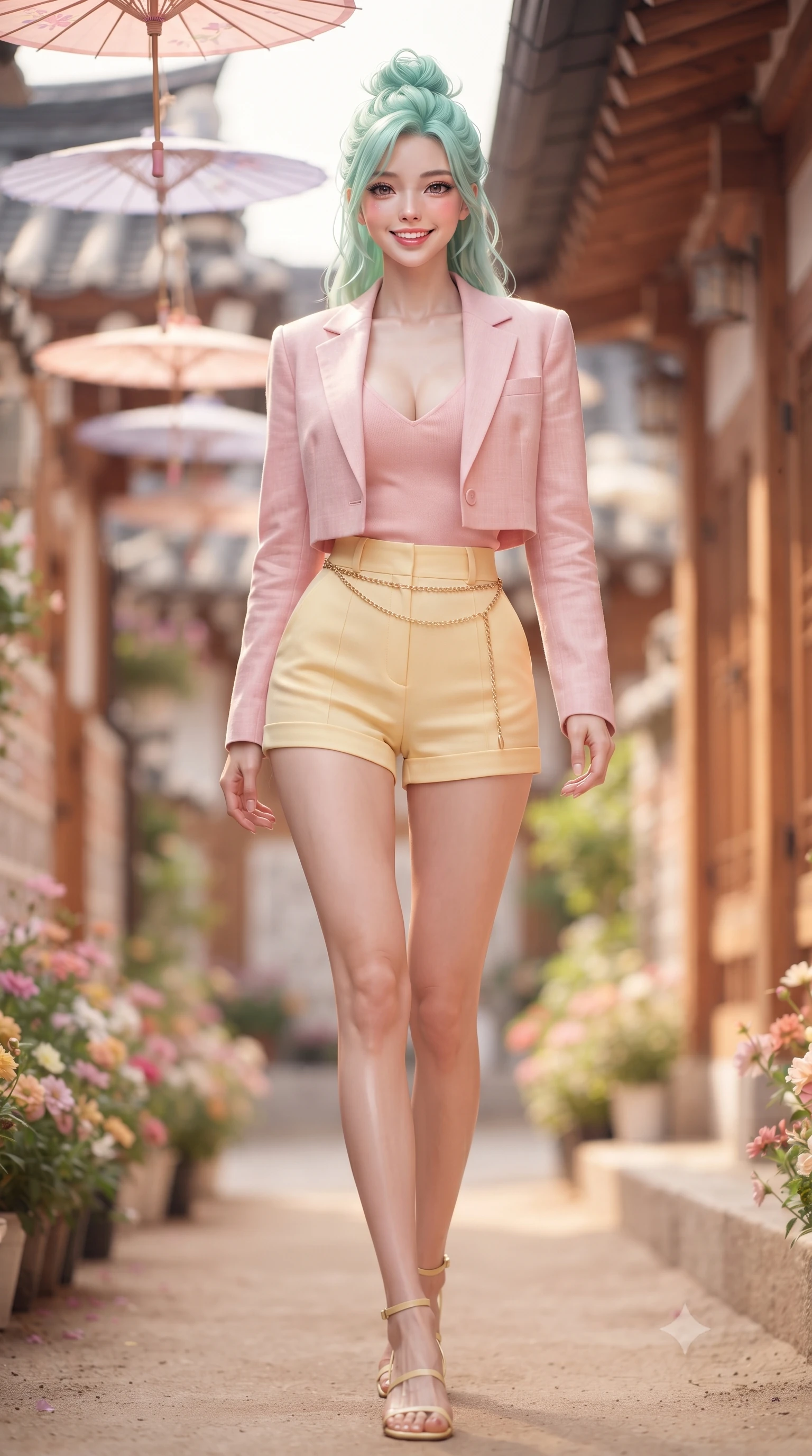 score_9, masterpiece, best quality, ultra-detailed, high-budget anime keyframe, editorial fashion photography, tasteful artistic composition, Japanese woman. low angle full-body shot from head to toe showing her feet, filling the entire 9:16 vertical frame with her statuesque presence, stretching her vertical silhouette. reclining languidly on her side across the sunbed with one knee drawn up, her radiant smile and arched hip curve commanding the 9:16 vertical frame with youthful sensual charisma while walking gracefully down the narrow flower-lined hanok alley, her form-fitting outfit hugging her narrow waist and rounded hips in a captivating rhythm. The composition keeps background elements in soft focus with dreamy creamy bokeh. traditional curved Korean roof tiles, hanging pastel paper parasols, and warm wood pillars blurred into honey, peach, and soft charcoal bokeh. She has an exceptionally tall and slender model-like 8.5-heads proportion, an ultra-slim waist, a flat toned midriff, narrow delicate ribcage, and beautifully sculpted feminine hips creating a graceful, slim hourglass silhouette without any bulky heaviness, with impossibly long slender legs. sharp v-shaped jawline, high-bridge nose, intricate jewel-like sparkling eyes with depth, thick eyelashes, glossy parted lips with a natural peach sheen, bright cheerful beaming smile with an enchanting and coquettish sensual glint, exuding both youthful cute charm and seductive allure, flawlessly proportioned anatomical accuracy, strict slender model proportions, natural body alignment, perfectly sculpted long slender limbs, ultra-slim waistline, clean dynamic posture without body distortion. wearing a chic cropped linen blazer worn with a plunging-V camisole and high-waisted tailored hot-pants showcasing her long slender legs in sweet strawberry milk pink and butter yellow, crafted from soft cozy cashmere yarn with an airy drape, accented with a delicate gold chain belt resting loosely on her curvy hips, the liquid-tight tailored fabric clinging flawlessly to her narrow waist and rounded feminine hips, emphasizing every millimeter of her sculpted slim hourglass curves without any bulky heaviness. illuminated by warm wood bounce light sharply sculpting her razor-sharp jawline, narrow waist, and curvy hips. ultra-reflective glossy finish, specular highlights, rich textural contrasts, high-contrast stereoscopic depth, volumetric dynamic lighting, 2k, ultra detail, master piece, 9:16 ratio
