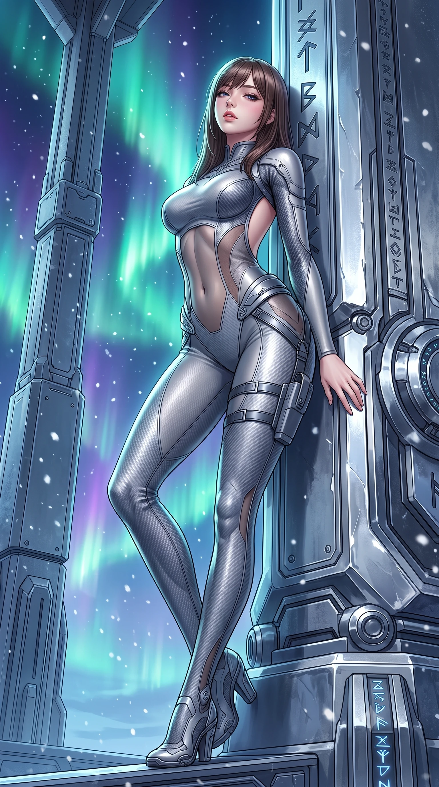 score_9, masterpiece, best quality, ultra-detailed, high-budget anime keyframe, semi-realistic 3D game render, editorial fashion photography, tasteful artistic composition, Korean woman. low angle full-body shot from head to toe showing her feet, filling the entire 9:16 vertical frame with her statuesque presence, stretching her vertical silhouette. leaning deep against the structural architecture with hips cocked in an unapologetically bold, seductive high-fashion stance while leaning back against a colossal chrome runestone pillar with hips cocked in an unapologetically bold high-fashion contrapposto stance. The surrounding environment is rendered in vivid detail and crisp panoramic clarity. detailed carbon-fiber weave patterns, metallic wing harness joints, and falling snowflakes in high resolution. She has an absolutely perfect, statuesque 8.5-heads proportion, an exceptionally tall and slender model-like female figure with impossibly long slender legs, a toned flat midriff, an ultra-slim waist, and beautifully sculpted feminine hips. sharp v-shaped jawline, high-bridge nose, intricate jewel-like eyes with depth, thick eyelashes, glossy parted lips with a natural sheen, intensely captivating and seductive bedroom-eyes expression, flawlessly proportioned anatomical accuracy, strict slender model proportions, natural body alignment, perfectly sculpted long slender limbs, ultra-slim waistline, clean dynamic posture without body distortion. wearing a form-contouring high-tech valkyrie jumpsuit featuring sheer contouring mesh panels and reinforced shoulders in winter slate grey and pearl luster, formed from ultra-sleek carbon-fiber reinforced composite with specular sheen, equipped with a sleek titanium wing-inspired hip harness and leg holster, the dramatically scooped open back descending to the base of her spine, accentuating her razor-sharp statuesque lines and curvy hourglass silhouette. bathed in vibrant emerald and violet aurora backlighting from the polar sky. highly saturated vibrant anime colors, detailed shading with soft gradients, rich glossy textures, high-contrast stereoscopic depth, volumetric dynamic lighting, master piece, 9:16 ratio