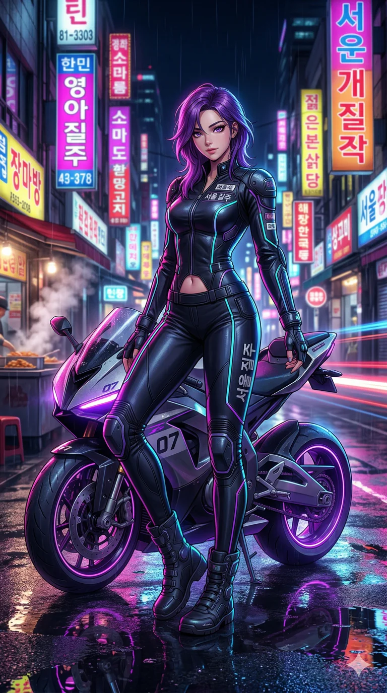 score_9, masterpiece, best quality, ultra-detailed, semi-realistic high-budget anime keyframe, an incredibly beautiful Korean woman. Dynamic full-body shot stretching vertically. She is a street racer in a neon-lit Seoul, leaning against her glowing hover-bike. She has an absolutely perfect 8-heads proportion, an exceptionally tall female figure with impossibly long legs and a slim-fit toned body. Her face is a masterpiece with vibrant purple hair and jewel-like eyes. She is wearing a tight-fitting synthetic leather racing suit, midriff exposed, highlighting her alluring silhouette. Neon city bokeh and rain puddles, dramatic rim lighting, cinematic shadows, 2k, ultra detail, master piece, 9:16 ratio