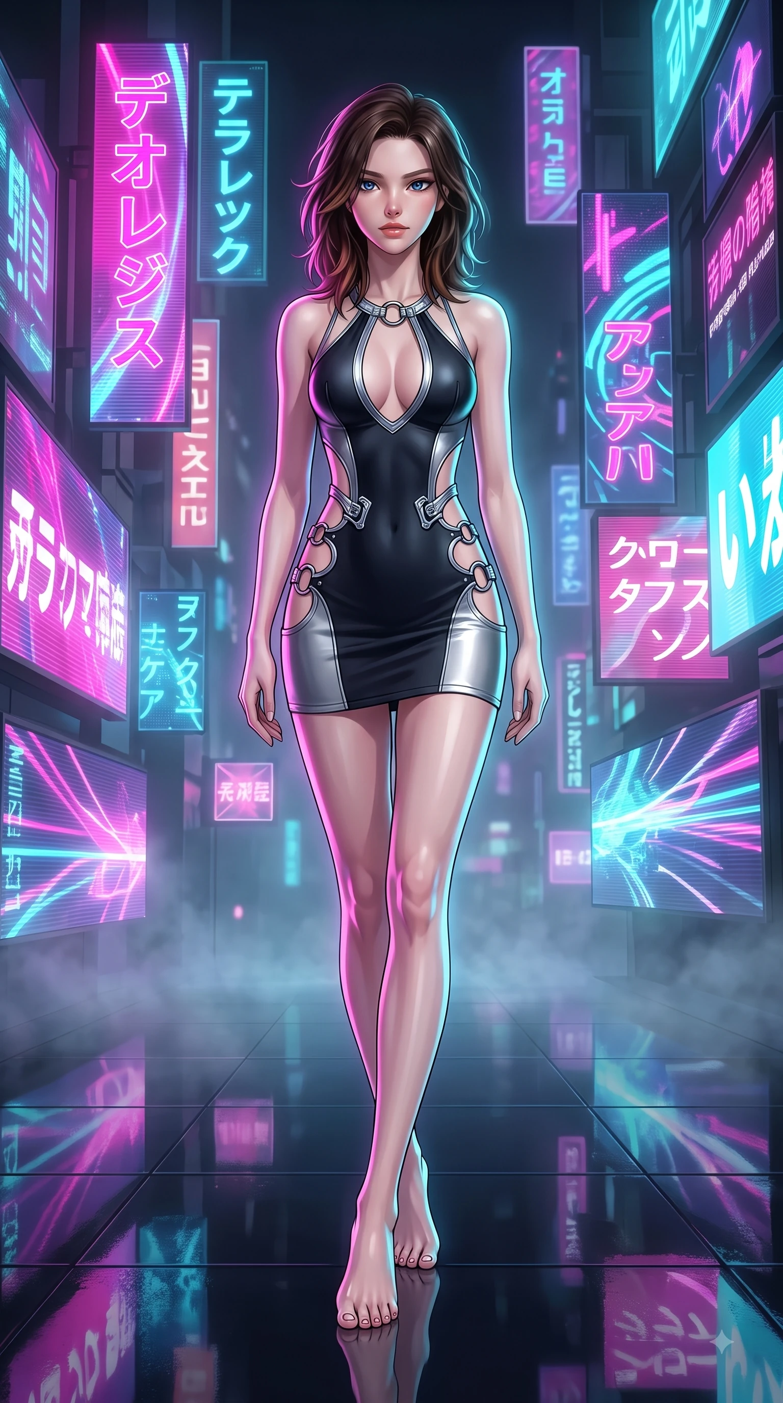 score_9, masterpiece, best quality, ultra-detailed, high-budget anime keyframe, editorial fashion photography, tasteful artistic composition, Korean woman. low angle full-body shot from head to toe showing her feet, filling the entire 9:16 vertical frame with her statuesque presence, stretching her vertical silhouette. forging dynamically through the scene with her long slender legs and ultra-slim waist creating a sweeping curve while stepping across a polished obsidian floor reflecting holographic billboards in mid-air, soft urban mist scattering vibrant magenta and cyan neon rim light around her silhouette. She has an absolutely perfect, statuesque 8.5-heads proportion, an exceptionally tall and slender model-like female figure with impossibly long slender legs and an ultra-slim waist. sharp v-shaped jawline, high-bridge nose, intricate jewel-like eyes with depth, thick eyelashes, glossy lips with a natural sheen, flawlessly proportioned anatomical accuracy, natural body alignment, perfectly sculpted elegant limbs, clean dynamic posture without body distortion. wearing a deep-scoop halter bodycon dress with hip cutouts connected by silver rings in matte black and polished silver, formed from sleek second-skin neoprene, accented with delicate chrome ring hardware framing her waist, the form-contouring material highlighting her ultra-slim waist and long lines. drenched in wet neon reflections with brilliant specular highlights on her silhouette. highly saturated vibrant anime colors, detailed shading with soft gradients, rich glossy textures, high-contrast stereoscopic depth, volumetric dynamic lighting, master piece, 9:16 ratio