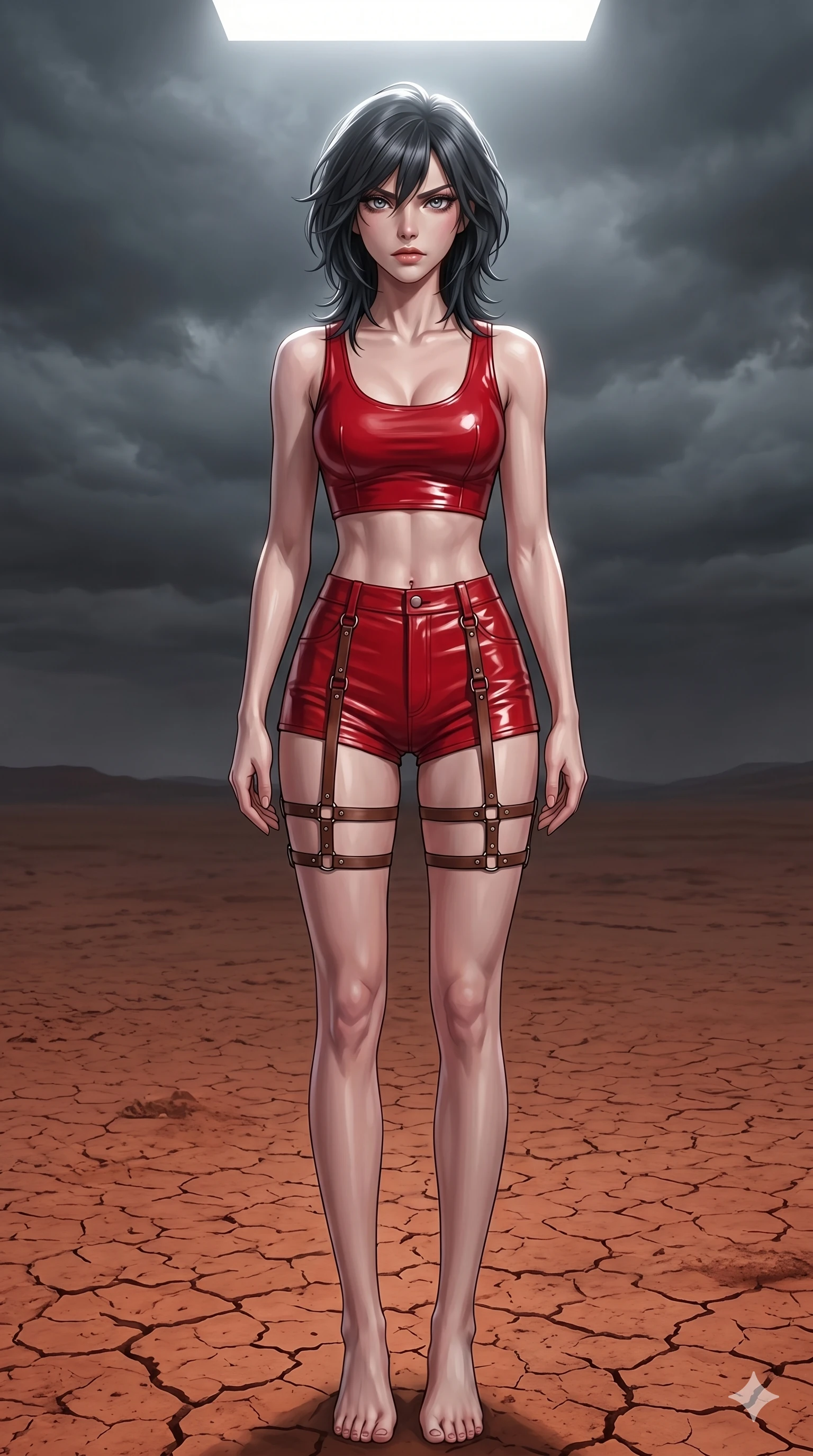 score_9, masterpiece, best quality, ultra-detailed, high-budget anime keyframe, editorial fashion photography, tasteful artistic composition, Caucasian woman, strictly human ears. cowboy shot from the thighs up, character and outfit filling the frame for maximum editorial presence. staring directly at the camera with a fierce, burning anger in her jewel-like eyes standing in a dry desert basin with cracked red earth under a stormy sky (Scenario Code A-9). She has an absolutely perfect 8-heads proportion, an exceptionally tall and slender female figure with impossibly long slender legs and an ultra-slim waist. V-shaped jawline, high-bridge nose, intricate jewel-like eyes with depth, thick eyelashes, glossy lips with a natural sheen. wearing a skin-tight red vinyl crop top and high-waisted shorts with a thigh-high leather harness. drenched in a harsh overhead white work light that accentuates her tensed muscles. 2k, ultra detail, master piece, 9:16 ratio