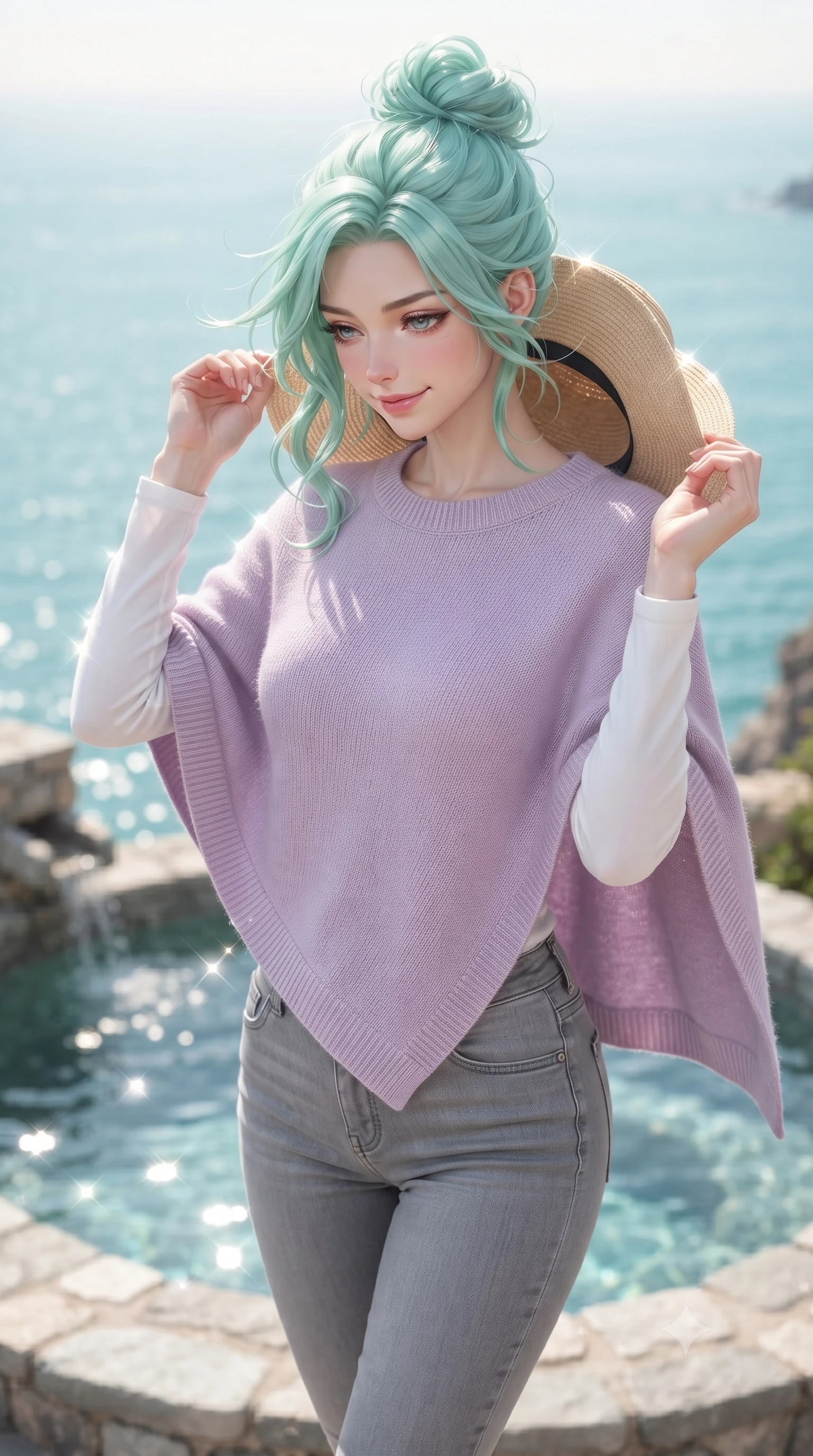 score_9, masterpiece, best quality, ultra-detailed, high-budget anime keyframe, editorial fashion photography, tasteful artistic composition, Japanese woman woman. close-up cowboy shot from the waist and thighs up, the character dominates the composition, filling the frame with her large presence, background elements kept in soft focus. holding a wide-brimmed straw hat with both hands against the breeze, looking down with a soft smile the background shows a soft-focus an outdoor stone spa pool on a high cliff overlooking a turquoise sea. She has an exceptionally elegant, slender, and willowy female figure with an ultra-slim waist, a gracefully sculpted slender torso, and a refined silhouette. sharp v-shaped jawline, high-bridge nose, intricate jewel-like eyes with depth, thick eyelashes, glossy lips with a natural sheen. wearing a slim-fit soft lavender knit poncho over a white long-sleeve tee and grey skinny jeans. shimmering sunbeams creating sparkling reflections off the water surface. ultra-reflective glossy finish, specular highlights, metallic sheen, high-contrast stereoscopic depth, volumetric dynamic lighting, 2k, ultra detail, master piece, 9:16 ratio