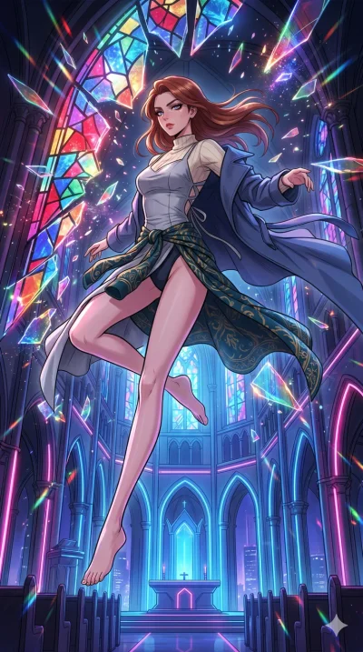 score_9, masterpiece, best quality, ultra-detailed, High-budget Anime Keyframe, beautiful Caucasian anime girl (strictly human ears). Dynamic full-body shot stretching the vertical silhouette with her statuesque presence. Leaping through shattered st