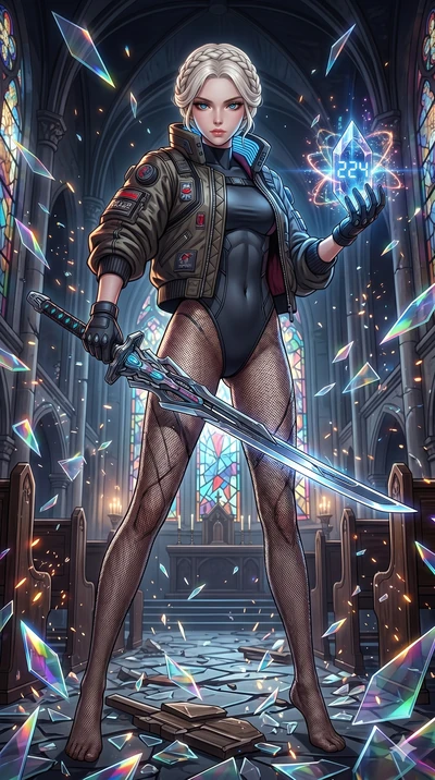 score_9, masterpiece, best quality, ultra-detailed, Set A: High-budget Anime Keyframe, Japanese woman. Low angle cowboy shot filling the entire 9:16 frame with her statuesque presence. Drawing a blade through a shattered glass cathedral, holding a re