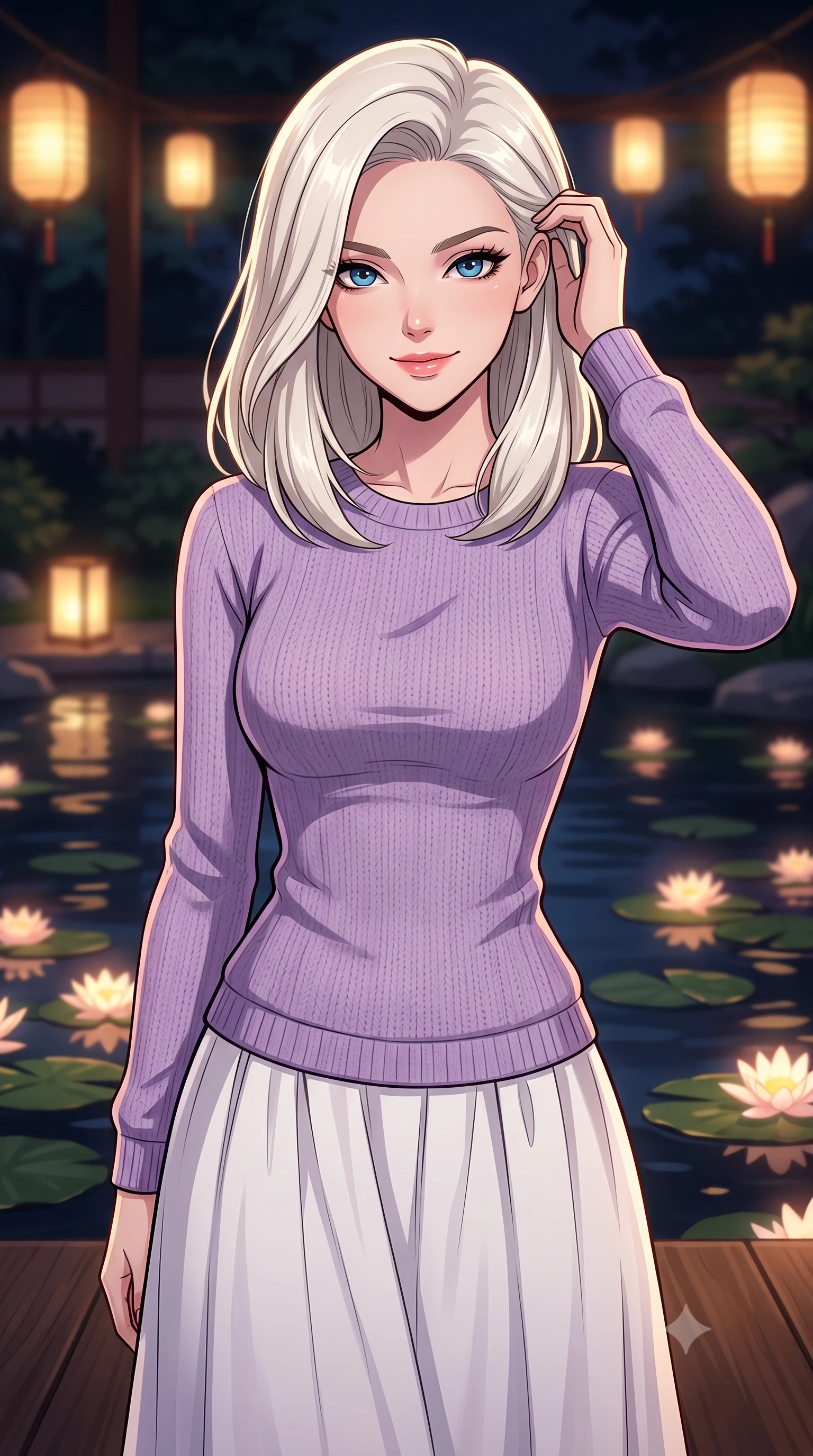 score_9, masterpiece, best quality, ultra-detailed, high-budget anime keyframe, tasteful artistic composition, Caucasian woman. close-up cowboy shot from the waist and thighs up, the character dominates the composition, filling the frame with her large presence, background elements kept in soft focus. smiling with quiet, magnetic self-assurance directly into the camera, running a hand through her hair the background shows a soft-focus a quiet garden tea deck overlooking a Zen pond filled with glowing water lilies. She has an exceptionally elegant, slender, and willowy female figure with an ultra-slim waist, a gracefully sculpted slender torso, and a refined silhouette. sharp v-shaped jawline, high-bridge nose, intricate jewel-like eyes with depth, thick eyelashes, glossy lips with a natural sheen. wearing a slim-fit comfortable lavender knit sweater paired with a flowy white cotton maxi skirt. warm paper lantern light reflecting off the still water surface. highly saturated vibrant anime colors, cel-shading, 2d style, master piece, 9:16 ratio
