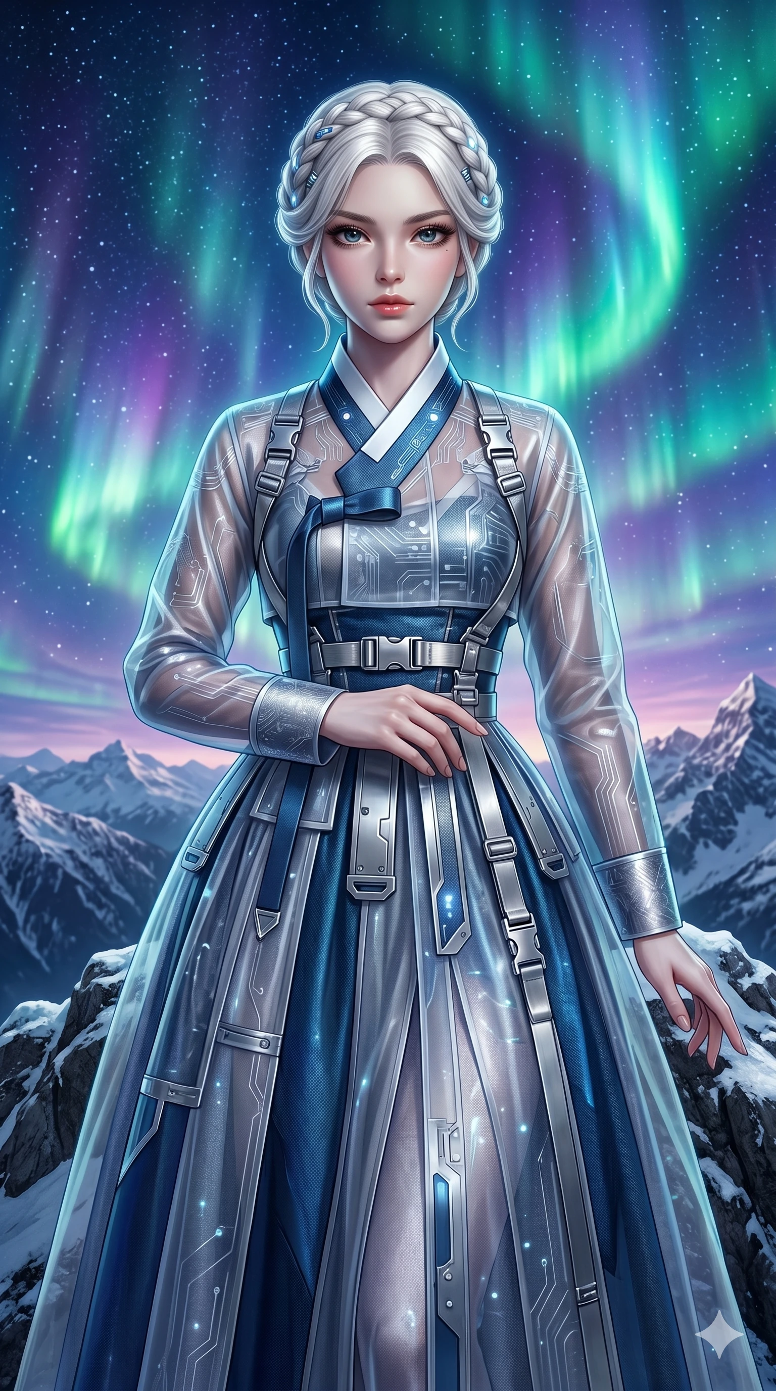 score_9, masterpiece, best quality, ultra-detailed, Set A: Photorealistic 8k CG, Japanese woman. Upper body close-up from the thighs up, character filling the screen for maximum presence. Standing on a mountain top as the aurora borealis dances above. She has an absolutely perfect 8-heads proportion, an exceptionally tall and slender female figure with an slender waist and majestic presence. Sharp v-shaped jawline, high-bridge nose, intricate jewel-like eyes with depth, thick eyelashes, glossy lips. Wearing a Modern Traditional outfit: tech-hanbok with transparent panels and metallic straps. Background is a bright and colorful night sky with swirling lights and a snowy peak. 2k, ultra detail, master piece, 9:16 ratio