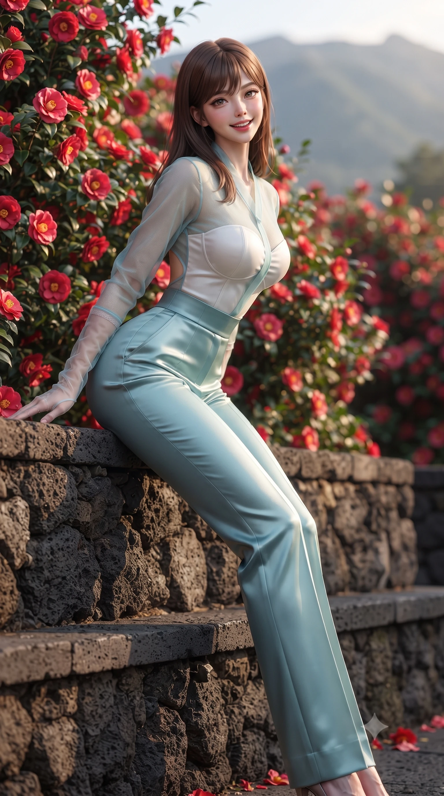score_9, masterpiece, best quality, ultra-detailed, high-budget anime keyframe, editorial fashion photography, tasteful artistic composition, Korean woman. low angle full-body shot from head to toe showing her feet, filling the entire 9:16 vertical frame with her statuesque presence, stretching her vertical silhouette. leaning deep against the ancient temple wall with hips cocked back in an unapologetically alluring high-fashion stance, flashing a warm beaming smile while sitting perched on a black volcanic basalt terrace bench surrounded by blooming red camellias, arching her back with a playful, blushing smile. The background shows a soft-focus thousands of blooming crimson camellia flowers and distant volcanic Hallasan slopes blurred into ruby red, emerald, and azure bokeh. She has an absolutely perfect, statuesque 8.5-heads proportion, an exceptionally tall and slender model-like female figure with impossibly long slender legs, an ultra-slim waist, a flat toned midriff, narrow delicate ribcage, and beautifully sculpted feminine hips creating a graceful, slim hourglass silhouette without any bulky heaviness. sharp v-shaped jawline, high-bridge nose, intricate jewel-like dark sparkling almond eyes with depth, thick lashes, glossy parted lips with a natural rose-plum sheen, bright alluring and coquettish smile with bedroom-eyes, exuding both timeless oriental elegance and sovereign high-fashion allure, flawlessly proportioned anatomical accuracy, strict slender model proportions, natural body alignment, perfectly sculpted long slender limbs, ultra-slim waistline, clean dynamic posture without body distortion. wearing a sheer technical mesh and silk hanbok blouse worn over a sculpted sweetheart bustier with high-waisted tailored silk trousers in pure celadon porcelain blue and cloud white, crafted from heavy fluid silk satin with a liquid mirror-like sheen, complemented by delicate sheer silk fingerless gloves reaching past her elbows, the precision-cut side hip slits and low-back scoop framing her graceful spine and the sensual sweep of her slim, toned hips. bathed in warm sunny island coastal light filtering through camellia trees. ultra-reflective glossy finish, specular highlights, rich textural contrasts, high-contrast stereoscopic depth, volumetric dynamic lighting, 2k, ultra detail, master piece, 9:16 ratio