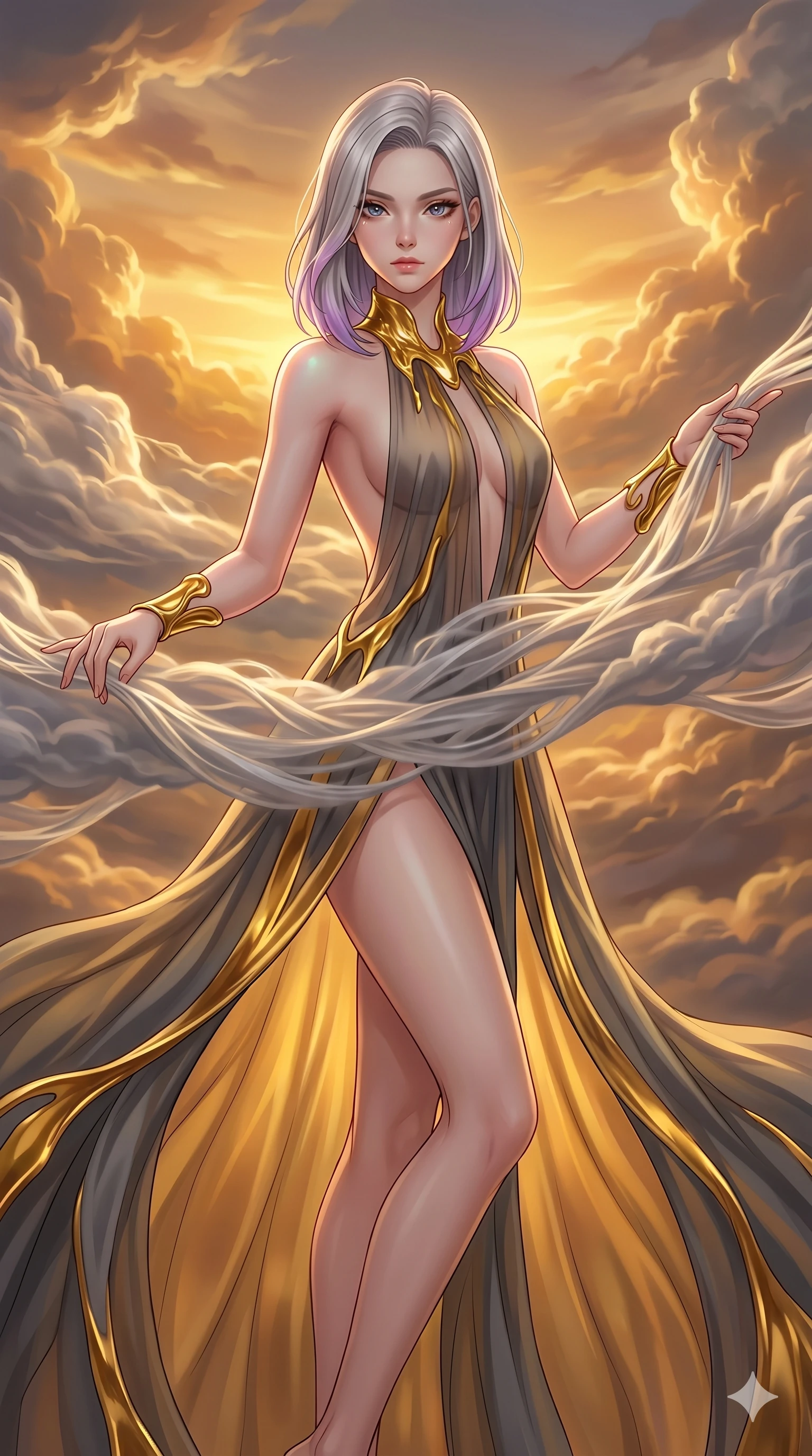 score_9, masterpiece, best quality, ultra-detailed, high-budget anime keyframe, Caucasian woman, strictly human ears. upper body close-up from the thighs up, character filling the screen for maximum presence. threading through a volumetric cloud weave where storm clouds are spun like silk thread under a dramatic sunset glow. She has an absolutely perfect 8-heads proportion, an exceptionally tall and slender female figure with impossibly long slender legs and an ultra-slim waist. V-shaped jawline, high-bridge nose, intricate jewel-like eyes with depth, thick eyelashes, glossy lips with a natural sheen.. wearing a molten gold and chiffon gown, featuring organic liquid gold collar and cuffs on a translucent charcoal-gray halter neck chiffon gown with a deep backless design. enhanced by a luminous pastel spectrum glow, casting elegant rim lights on her shoulders and jawline. 2k, ultra detail, master piece, 9:16 ratio