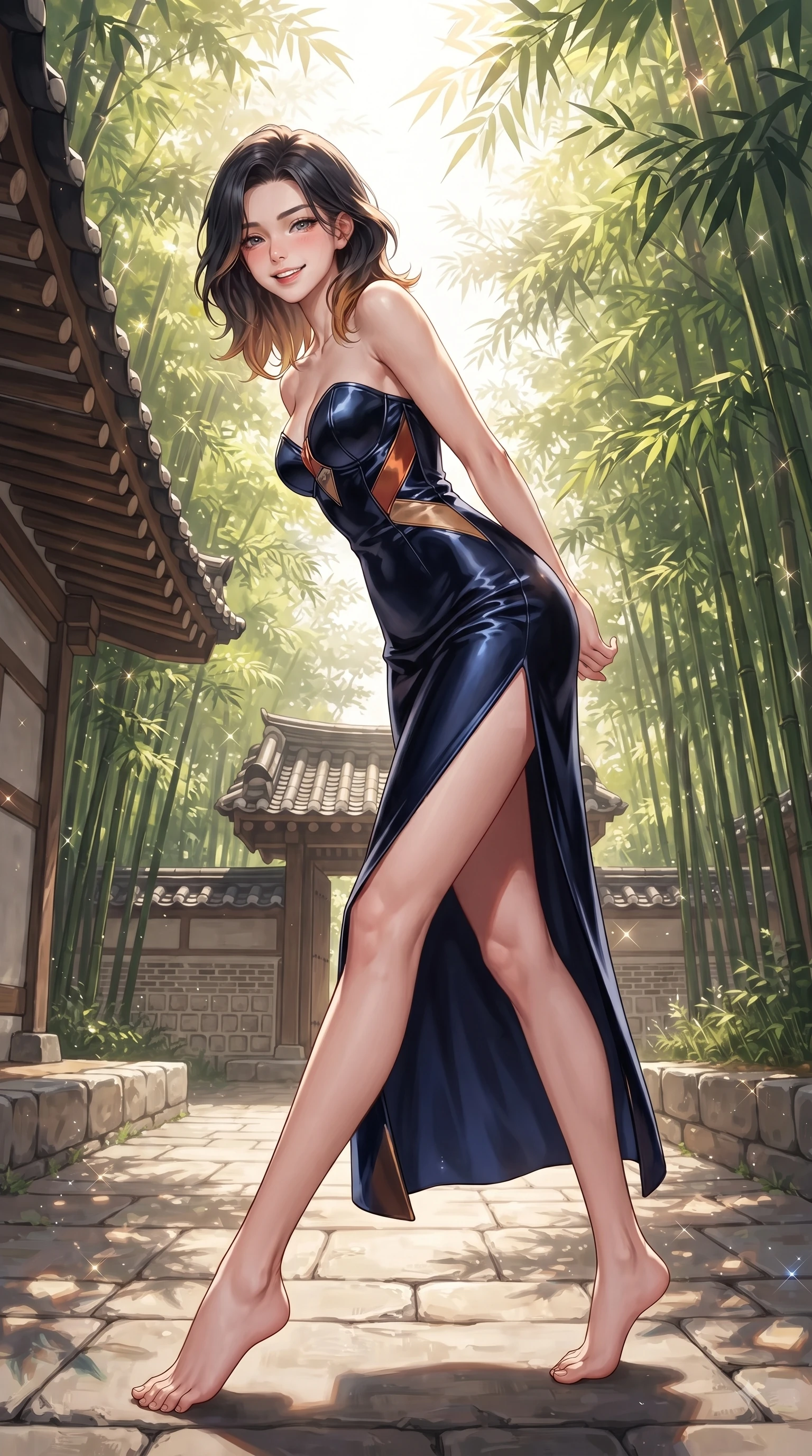 score_9, masterpiece, best quality, ultra-detailed, high-budget anime keyframe, editorial fashion photography, tasteful artistic composition, Korean woman. low angle full-body shot from head to toe showing her feet, filling the entire 9:16 vertical frame with her statuesque presence, stretching her vertical silhouette. Playful cute grin with eyes crinkling in pure girlhood delight, leaning forward with adorable energy while pivoting near traditional clay tile roofs as golden sunbeams filter through bamboo leaves. The surrounding environment is rendered in vivid detail and crisp panoramic clarity. rich oriental architectural details and vibrant bamboo green textures in panoramic sharpness. She has an absolutely perfect, statuesque 8.5-heads proportion, an exceptionally tall and slender model-like female figure with impossibly long slender legs and an ultra-slim waist. sharp v-shaped jawline, high-bridge nose, intricate jewel-like eyes with depth, thick eyelashes, glossy lips with a natural sheen, flawlessly proportioned anatomical accuracy, natural body alignment, perfectly sculpted elegant limbs, clean dynamic posture without body distortion. wearing a sleek dark navy velvet bustier gown with a deep slit and metallic accents in burnt orange and warm camel beige, made of premium stretch velvet with a rich glossy sheen, finished with a sleek side slit ascending to mid-thigh, the chic fashion cut framing her graceful clavicle and slender torso. bathed in bright morning sunbeams filtering through lush bamboo canopies. ultra-reflective glossy finish, specular highlights, metallic sheen, high-contrast stereoscopic depth, volumetric dynamic lighting, 2k, ultra detail, master piece, 9:16 ratio
