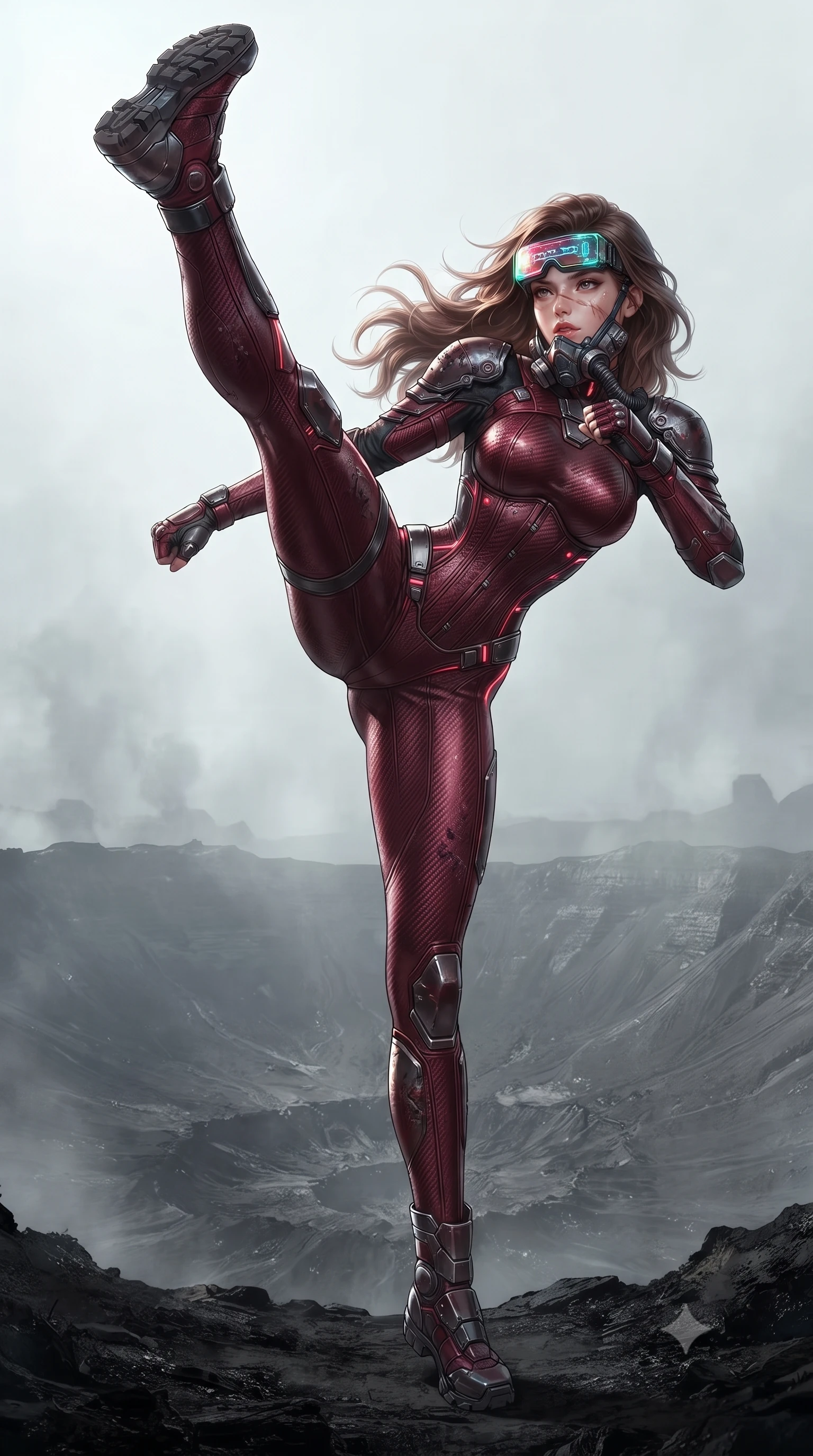 score_9, masterpiece, best quality, ultra-detailed, high-budget anime keyframe, editorial fashion photography, tasteful artistic composition, Korean woman. low angle full-body shot from head to toe showing her feet, filling the entire 9:16 vertical frame with her statuesque presence, stretching her vertical silhouette. executing a breathtaking zero-gravity high-kick with full 180-degree vertical extension, her impossibly long slender legs dominating the frame with razor-sharp poise while stepping forward through the blackened crater with rebreather unlatched on one side, revealing her glossy lips and sharp jawline. The surrounding environment is rendered in vivid detail and crisp panoramic clarity. intricate carbon armor composite grain, sweat glistening on bare collarbones, and armor buckles in high clarity. She has an absolutely perfect, statuesque 8.5-heads proportion, an exceptionally tall and slender model-like female figure with impossibly long slender legs, a toned flat midriff, and an ultra-slim waist. sharp v-shaped jawline, high-bridge nose, intricate jewel-like eyes with depth, thick eyelashes, glossy lips with a natural sheen, fierce and resolute heroine expression, flawlessly proportioned anatomical accuracy, strict slender model proportions, natural body alignment, perfectly sculpted long slender limbs, ultra-slim waistline, clean dynamic posture without body distortion. wearing high-tech holographic tactical goggles resting tipped up on her forehead, casting glowing neon runes across her brow without obscuring her features, paired with a statuesque high-fashion cyber-warrior armor suit with platinum bevels, heavy articulated shoulder guards, and an ultra-slim waist-cinching corset in deep battle-scarred crimson carbon weave with specular dark chrome accents, made of liquid carbon-jersey fabric accentuating every curve of her tall, slender model proportions, accented with glowing fiber-optic telemetry conduits tracing her collarbones and hip curves, the glove-like aerodynamic second-skin fit tightly clinging to her ultra-slender waist and athletic curves without adding bulk, accentuating her razor-sharp statuesque lines and slim hourglass silhouette. surrounded by an electrifying, invincible, and radiantly transcendent dystopian heroine aura. ultra-reflective glossy finish, specular highlights, dark metallic sheen, high-contrast stereoscopic depth, volumetric dynamic lighting, 2k, ultra detail, master piece, 9:16 ratio