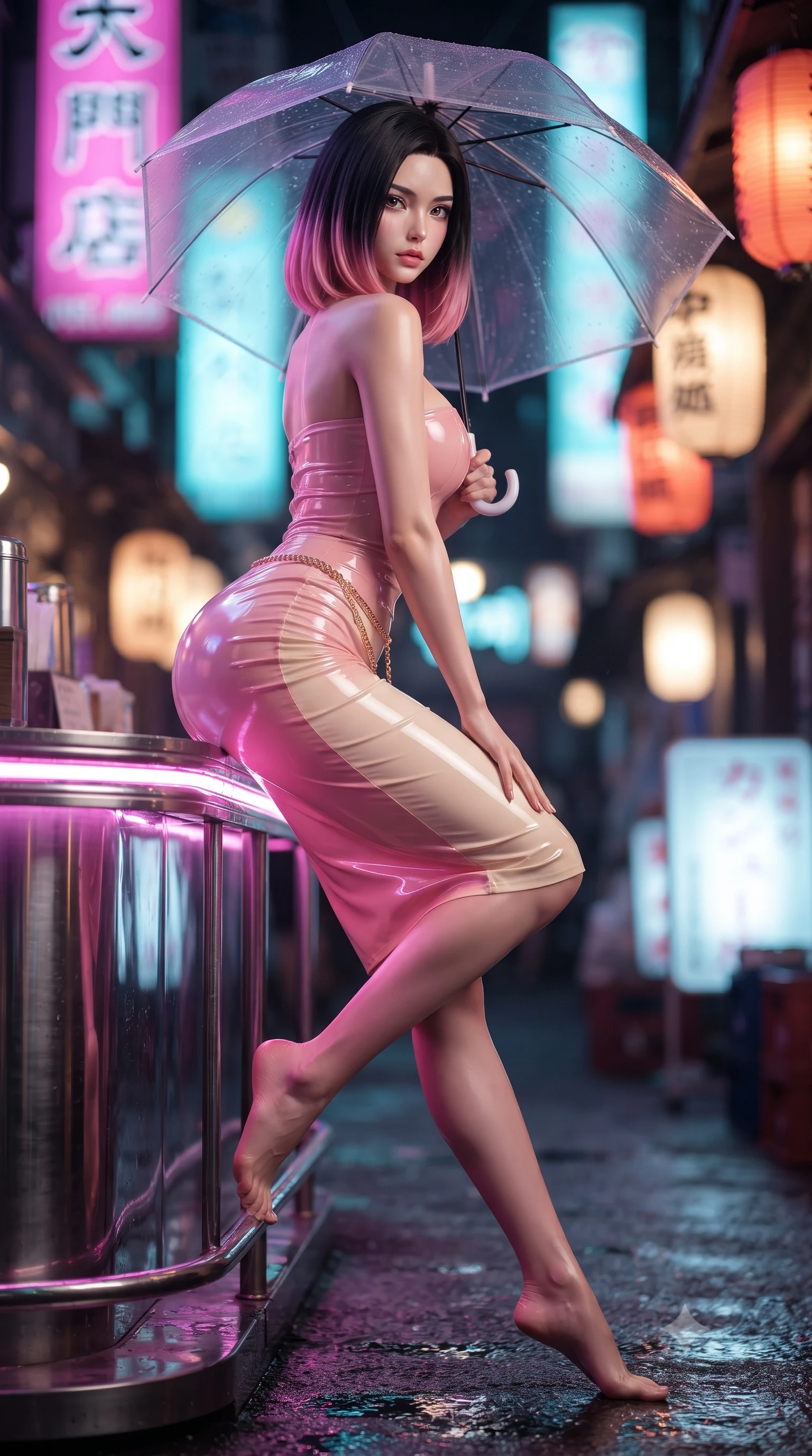 score_9, masterpiece, best quality, ultra-detailed, high-budget anime keyframe, editorial fashion photography, tasteful artistic composition, Korean woman. low angle full-body shot from head to toe showing her feet, filling the entire 9:16 vertical frame with her statuesque presence, stretching her vertical silhouette. sitting perched on the elevated edge with hips angled toward the camera and legs crossed, displaying her toned midriff and flawlessly sculpted slender limbs while leaning against an illuminated chrome bar counter with hips cocked back, glancing over a bare shoulder with dangerous bedroom-eyes through a transparent vinyl umbrella. The composition keeps background elements in soft focus with creamy bokeh. vertical kanji holographic signs and glowing paper lantern displays blurred into rich magenta, laser turquoise, and amber bokeh. She has an exceptionally tall and slender model-like 8.5-heads proportion, an ultra-slim waist, a flat toned midriff, narrow delicate ribcage, and beautifully sculpted feminine hips creating a graceful, slim hourglass silhouette without any bulky heaviness, with impossibly long slender legs. sharp v-shaped jawline, high-bridge nose, intricate jewel-like eyes with depth, thick eyelashes, glossy parted lips with a natural sheen, intensely captivating and seductive bedroom-eyes expression, flawlessly proportioned anatomical accuracy, strict slender model proportions, natural body alignment, perfectly sculpted long slender limbs, ultra-slim waistline, clean dynamic posture without body distortion. wearing an ultra-fitted strapless bustier midi dress with side hip ruching and exposed spine in sakura blossom pink and warm ivory, tailored from second-skin aerodynamic stretch vinyl with specular wet sheen, accented with a delicate gold chain belt resting loosely on her curvy hips, the liquid-tight tailored fabric clinging flawlessly to her narrow waist and rounded feminine hips, emphasizing every millimeter of her sculpted slim hourglass curves without any bulky heaviness. illuminated by wet ground specular reflections accentuating her sculpted midriff, narrow waist, and curvy hips. ultra-reflective glossy finish, specular highlights, rich textural contrasts, high-contrast stereoscopic depth, volumetric dynamic lighting, 2k, ultra detail, master piece, 9:16 ratio