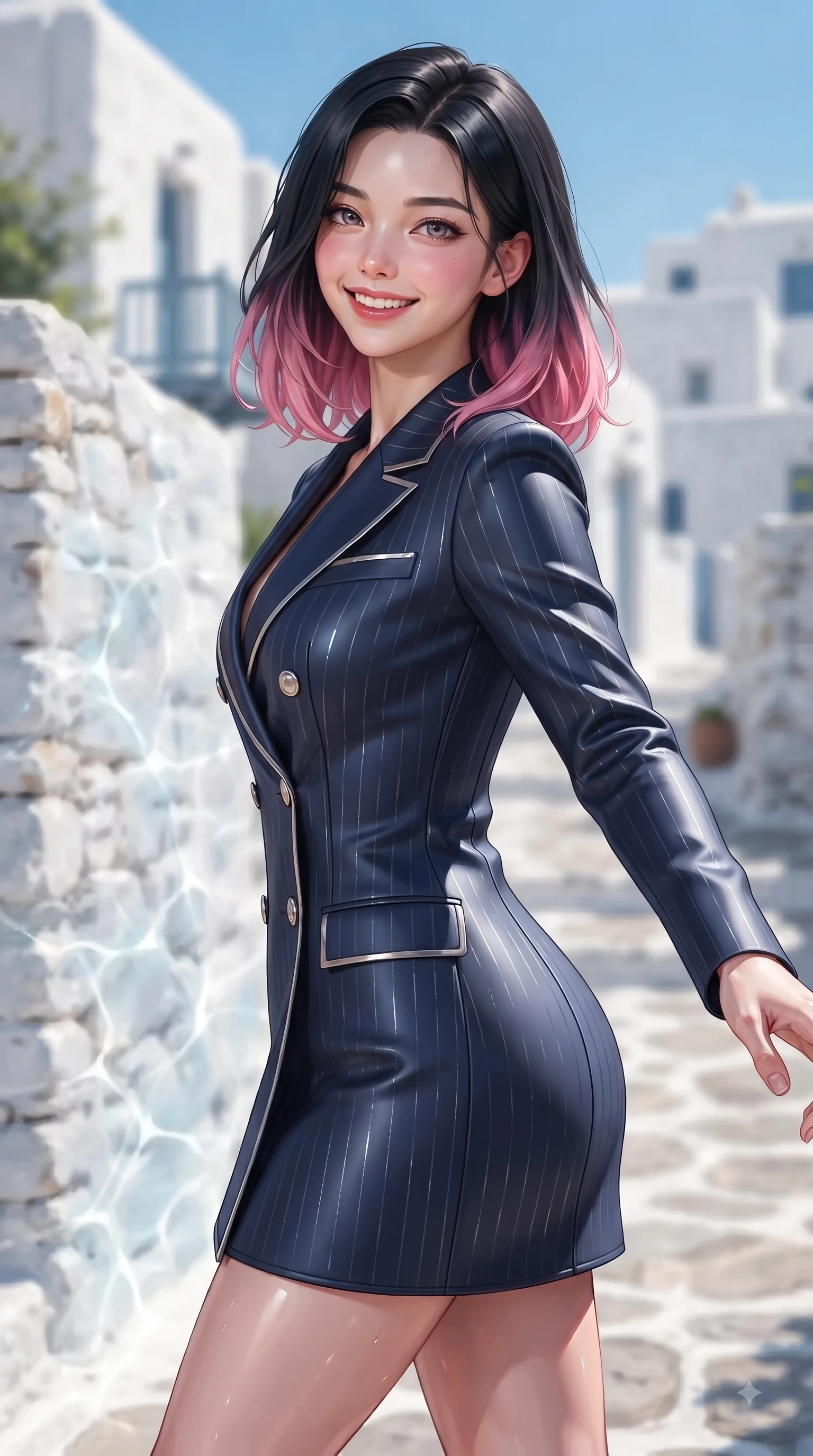 score_9, masterpiece, best quality, ultra-detailed, high-budget anime keyframe, editorial fashion photography, tasteful artistic composition, Korean woman. close-up cowboy shot from the waist and thighs up, the character dominates the composition, filling the frame with her large presence, background elements kept in soft focus. Cheerful beaming smile with parted lips, exuding pure enchanting charm while turning dynamically toward the camera while reaching her arm out toward the ocean breeze while looking back with a warm delightful smile, glistening water reflections dancing dynamically across whitewashed stone walls. She has an exceptionally elegant, slender, and willowy female figure with an ultra-slim waist, a gracefully sculpted slender torso, and a refined silhouette. sharp v-shaped jawline, high-bridge nose, intricate jewel-like eyes with depth, thick eyelashes, glossy lips with a natural sheen, flawlessly proportioned anatomical accuracy, natural body alignment, perfectly sculpted elegant limbs, clean dynamic posture without body distortion. wearing a double-breasted blazer dress with subtle metallic pin-stripes in midnight navy blue and chrome trim, formed from sleek second-skin neoprene, accented with a Tasteful chest slit framing her clavicle gracefully, the tailored fabric tightly following every curve of her athletic build. surrounded by a clear, sun-drenched atmosphere with crisp cheerful highlights. ultra-reflective glossy finish, specular highlights, metallic sheen, high-contrast stereoscopic depth, volumetric dynamic lighting, 2k, ultra detail, master piece, 9:16 ratio