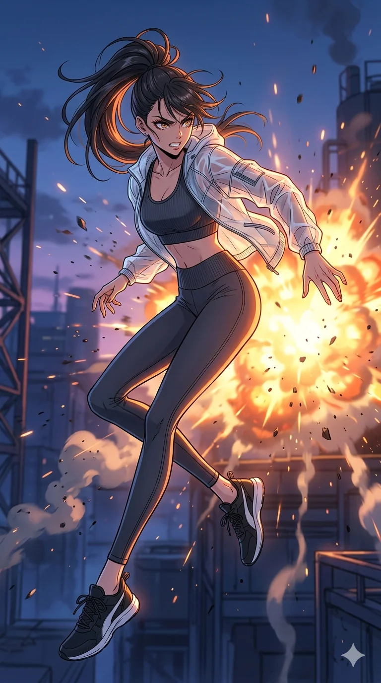 score_9, masterpiece, best quality, ultra-detailed, high-budget anime movie keyframe, cinematic anime lighting, intricate line art, Japanese anime girl. Mid-air action shot capturing a graceful twist and vertical silhouette. reeling back from an explosion with a look of fierce determination. She has an absolutely perfect 8-heads proportion, an exceptionally tall and slender female figure with an ultra-slim waist and impossibly long slender legs. strictly human anatomy, two legs only, no extra limbs, clearly defined legs and arms, perfect anatomy, perfect hands and fingers. sharp v-shaped jawline, high-bridge nose, intricate jewel-like eyes, thick eyelashes, glossy lips. Wearing Premium Athleisure: Ribbed sports bra and leggings set, sheer windbreaker, and sleek high-performance activewear. The scene is illuminated by dramatic atmospheric lighting and vibrant color palettes. , 2k, ultra detail, master piece, 9:16 ratio