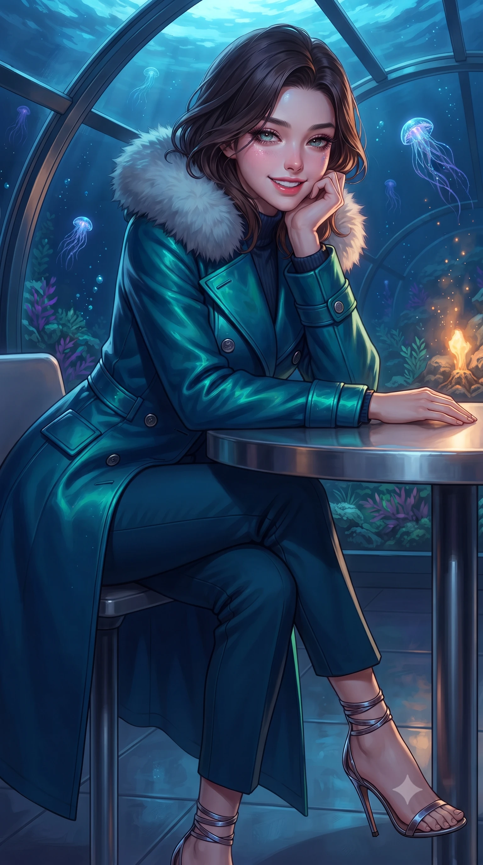 score_9, masterpiece, best quality, ultra-detailed, high-budget anime keyframe, editorial fashion photography, tasteful artistic composition, Korean woman. close-up cowboy shot from the waist and thighs up, the character dominates the composition, filling the frame with her large presence. resting one elbow on the table and supporting her chin, leaning close to the camera with heavy-lidded sparkling eyes and parted lips while standing poised beneath the massive reinforced acrylic dome at the ocean floor of Europa, arching her spine with mysterious siren elegance as alien bioluminescent siphonophores drift through ink-black waters. The surrounding environment is rendered in vivid detail and crisp panoramic clarity: sharp reinforced titanium dome ribs, crystal-clear thick acrylic segments, and deep-ocean volcanic rock textures in deep focus. She has an exceptionally elegant, slender, and willowy female figure with an ultra-slim waist, flat toned midriff, narrow ribcage, and sculpted feminine hips creating an alluring, slim hourglass silhouette without bulk. sharp v-shaped jawline, high-bridge nose, intricate jewel-like sparkling eyes with depth, thick eyelashes, glossy parted lips with a natural peach sheen, bright cheerful beaming smile with an enchanting and coquettish sensual glint, exuding both youthful cute charm and seductive allure, flawlessly proportioned anatomical accuracy, strict slender model proportions, natural body alignment, perfectly sculpted long slender limbs, ultra-slim waistline, clean dynamic posture without body distortion. wearing a futuristic double-breasted arctic combat officer greatcoat with thermal fur-lined collar and tailored wool trousers in bioluminescent emerald and abyssal sapphire, crafted from bespoke double-faced cashmere with an exceptionally soft tactile finish, complemented by strappy stiletto sandals with metallic ankle wraps accentuating her slender calves, the bespoke structured tailoring following the natural line of her 8.5-heads silhouette with refined elegance. bathed in deep ocean blue-violet ambient light mixed with warm 2200K golden geothermal vent radiance. ultra-reflective glossy finish, specular highlights, rich textural contrasts, high-contrast stereoscopic depth, volumetric dynamic lighting, 2k, ultra detail, master piece, 9:16 ratio