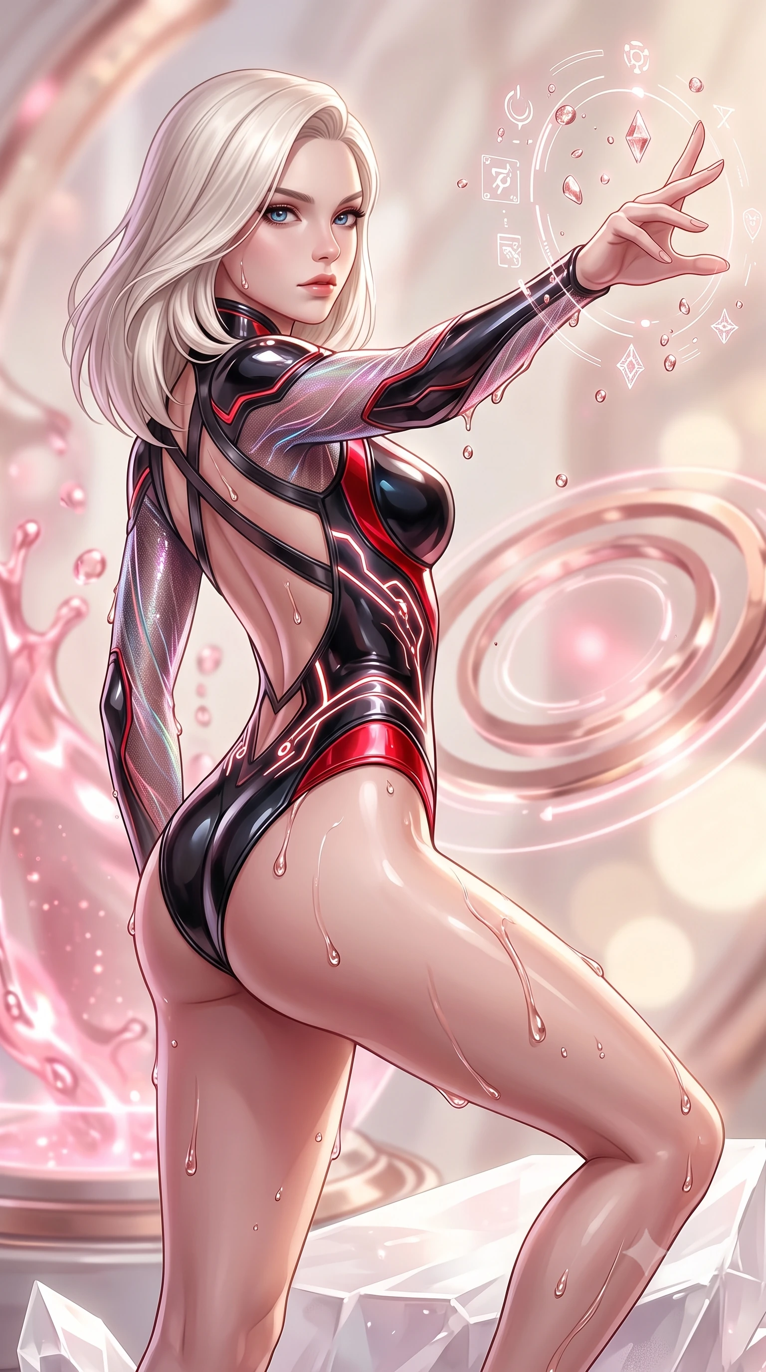 score_9, masterpiece, best quality, ultra-detailed, high-budget anime keyframe, semi-realistic 3D game render, editorial fashion photography, tasteful artistic composition, Caucasian woman. close-up cowboy shot from the waist and thighs up, the character dominates the composition, filling the frame with her large presence. extending one arm gracefully as floating holographic glyphs and nano-crystals orbit her fingertips with sovereign power while ascending a white quartz platform as nano-fluid droplets glisten like liquid rose gold along her sculpted contour. The composition keeps background elements in soft focus with creamy bokeh. glowing pink nanotech fluid and rotating rose-gold halo rings blurred into soft, creamy pastel and champagne bokeh. She has an exceptionally elegant, slender, and willowy female figure with an ultra-slim waist, a gracefully sculpted slender torso, toned flat midriff, and a refined slim silhouette. sharp v-shaped jawline, high-bridge nose, intricate jewel-like eyes with depth, thick eyelashes, glossy lips with a natural sheen, flawlessly proportioned anatomical accuracy, strict slender model proportions, natural body alignment, perfectly sculpted long slender limbs, ultra-slim waistline, clean dynamic posture without body distortion. wearing an aerodynamic sculpted liquid-chrome bodysuit with glowing neon fiber-optic circuitry and an elegant high-fashion cut in high-gloss obsidian black and burning laser crimson accents, crafted from delicate iridescent organza interwoven with luminescent micro-fibers, complemented by criss-cross back straps highlighting her completely bare spine, the sleek second-skin cut tightly hugging her graceful clavicle, narrow waist, and feminine curves with athletic precision. illuminated by sparkling fluid droplet refractions and crisp specular highlights tracing her slender curves. rich saturated anime colors with glowing neon highlights, detailed shading with soft gradients, rich glossy textures, high-contrast stereoscopic depth, volumetric dynamic lighting, master piece, 9:16 ratio