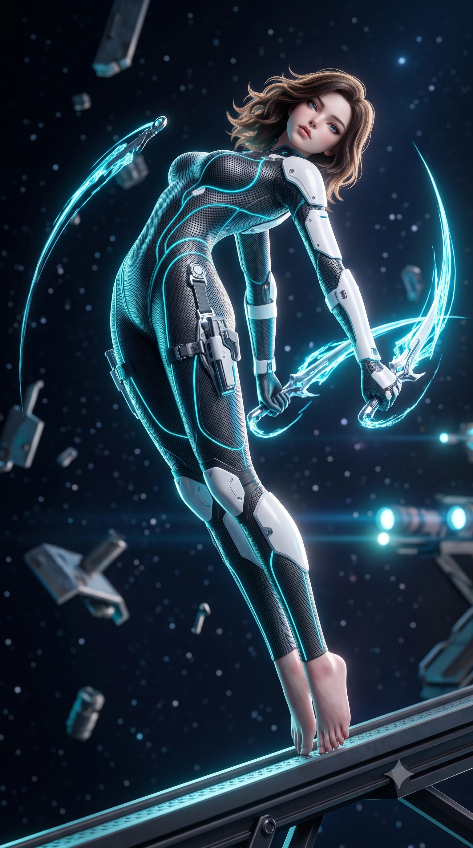 score_9, masterpiece, best quality, ultra-detailed, high-budget anime keyframe, semi-realistic 3D game render, editorial fashion photography, tasteful artistic composition, Korean woman. low angle full-body shot from head to toe showing her feet, filling the entire 9:16 vertical frame with her statuesque presence, stretching her vertical silhouette. arching her back gracefully in mid-air during a dynamic combat vault, her weapon energy trail framing her statuesque presence while pivoting dynamically on a magnetic catwalk as floating zero-gravity metal debris and starlight frame her statuesque silhouette. The composition keeps background elements in soft focus with creamy bokeh. distant starlight and railgun charging LED coils scattering soft glowing light motes across a deep space backdrop. She has an absolutely perfect, statuesque 8.5-heads proportion, an exceptionally tall and slender model-like female figure with impossibly long slender legs, a toned flat midriff, and an ultra-slim waist. sharp v-shaped jawline, high-bridge nose, intricate jewel-like eyes with depth, thick eyelashes, glossy lips with a natural sheen, flawlessly proportioned anatomical accuracy, strict slender model proportions, natural body alignment, perfectly sculpted long slender limbs, ultra-slim waistline, clean dynamic posture without body distortion. wearing an aerodynamic dark titanium carbon-mesh jumper with glowing blue fiber lines, holding twin chrome vibro-daggers with deadly supermodel poise in glacial ice-cyan carbon mesh with pure white armor plates, tailored from flexible second-skin carbon-mesh that clings flawlessly to her athletic curves, detailed with magnetic weapon holsters and polished chrome connection clasps, the glove-like aerodynamic second-skin fit tightly clinging to her ultra-slender waist and athletic curves without adding bulk, accentuating her razor-sharp statuesque lines and slim hourglass silhouette. illuminated by glowing cyan rifle charging lights and sharp specular highlights tracing her slender curves. rich saturated anime colors with glowing neon highlights, detailed shading with soft gradients, rich glossy textures, high-contrast stereoscopic depth, volumetric dynamic lighting, master piece, 9:16 ratio