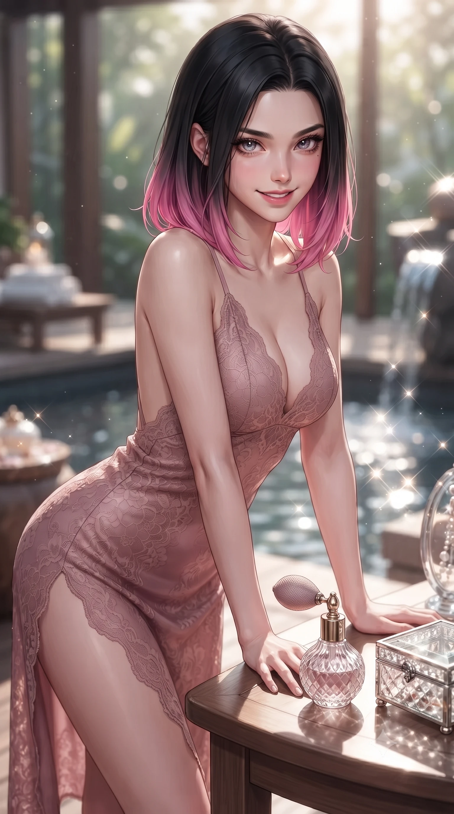 score_9, masterpiece, best quality, ultra-detailed, high-budget anime keyframe, editorial fashion photography, tasteful artistic composition, Korean woman. close-up cowboy shot from the waist and thighs up, the character dominates the composition, filling the frame with her large presence, background elements kept in soft focus. leaning slightly forward over the table with a playful, magnetic smile that locks direct eye contact set against a soft-focus background of inside an exclusive private spa pavilion with a vintage perfume atomizer and crystal jewelry box reflecting soft light. She has an exceptionally elegant, slender, and willowy female figure with an ultra-slim waist, a gracefully sculpted slender torso, and a refined silhouette. sharp v-shaped jawline, high-bridge nose, intricate jewel-like eyes with depth, thick eyelashes, glossy lips with a natural sheen. wearing form-contouring dusty rose delicate lace open-back silk slip dress featuring a deep V-neckline and a leg-lengthening side slit featuring refined tailored seams. lit by crisp morning sun rays creating sparkling glints on polished glass and water. ultra-reflective glossy finish, specular highlights, metallic sheen, high-contrast stereoscopic depth, volumetric dynamic lighting, 2k, ultra detail, master piece, 9:16 ratio
