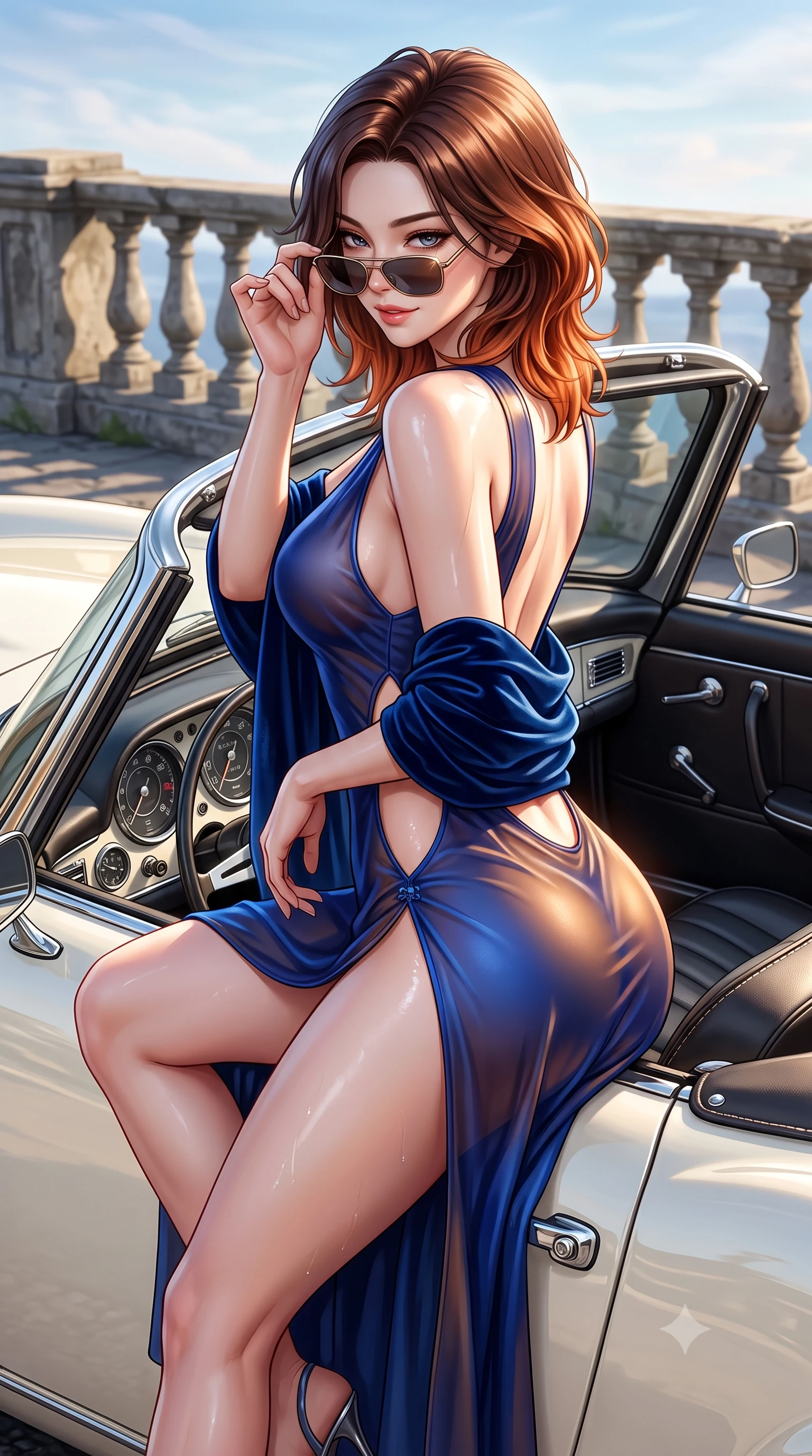 score_9, masterpiece, best quality, ultra-detailed, high-budget anime keyframe, semi-realistic 3D game render, editorial fashion photography, tasteful artistic composition, Korean woman. close-up cowboy shot from the waist and thighs up, the character dominates the composition, filling the frame with her large presence. twisting her slender torso in a deep contrapposto stance, hips dramatically shifted to accentuate her feminine curves while looking past her shoulder with smoldering bedroom-eyes while perching on the leather seat rim of a vintage cream-white convertible with legs crossed, arching her lower back while lowering designer sunglasses with a flirtatious smile. The surrounding environment is rendered in vivid detail and crisp panoramic clarity. sharp vintage car chrome accents, stitched leather seat seams, and weathered stone railing in deep focus. She has an exceptionally elegant, slender, and willowy female figure with an ultra-slim waist, flat toned midriff, narrow ribcage, and sculpted feminine hips creating an alluring, slim hourglass silhouette without bulk. sharp v-shaped jawline, high-bridge nose, intricate jewel-like eyes with depth, thick eyelashes, glossy parted lips with a natural sheen, intensely captivating and seductive bedroom-eyes expression, flawlessly proportioned anatomical accuracy, strict slender model proportions, natural body alignment, perfectly sculpted long slender limbs, ultra-slim waistline, clean dynamic posture without body distortion. wearing a delicate semi-translucent silk yukata that clings to her wet skin and curvy hip contours in royal sapphire blue and liquid bronze, tailored from liquid silk jersey adhering flawlessly to her slender build, complemented by a plush velvet shawl draped loosely over her elbows, the precision-cut side openings and low-back scoop framing her graceful spine and the sensual sweep of her slim, toned hips. illuminated by bright specular sun glints sharply carving her razor-sharp jawline, narrow waist, and curvy hips. highly saturated vibrant anime colors, detailed shading with soft gradients, rich glossy textures, high-contrast stereoscopic depth, volumetric dynamic lighting, master piece, 9:16 ratio