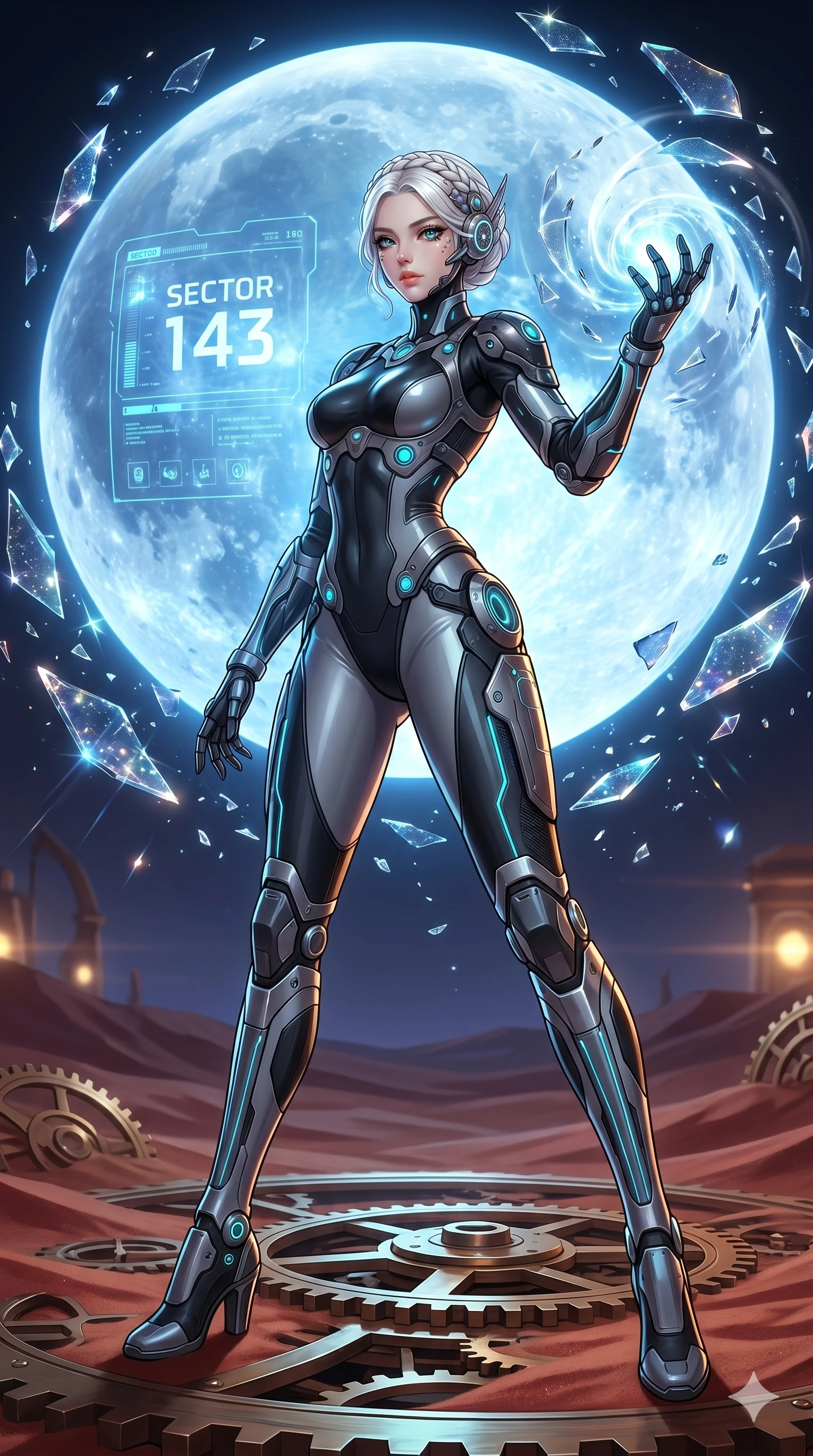 score_9, masterpiece, best quality, ultra-detailed, Set A: High-budget Anime Keyframe, Korean woman. Low angle cowboy shot filling the entire 9:16 frame with her statuesque presence. Casting a spell through a clockwork desert, with a massive holographic moon rising behind her marked as sector 143 and surrounded by shattered glass fragments. She has an absolutely perfect 8-heads proportion, an exceptionally tall and slender female figure with impossibly long slender legs and an ultra-slim waist. Sharp v-shaped jawline, high-bridge nose, intricate jewel-like eyes with depth, thick eyelashes, glossy lips with a natural sheen. Wearing Cybernetic exoskeleton frame over a sleek skin-tight latex suit with glowing ports. Cinematic lighting, vibrant colors, dramatic shadows, 2k, ultra detail, master piece, 9:16 ratio