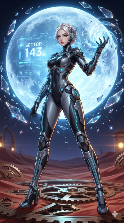 score_9, masterpiece, best quality, ultra-detailed, Set A: High-budget Anime Keyframe, Korean woman. Low angle cowboy shot filling the entire 9:16 frame with her statuesque presence. Casting a spell through a clockwork desert, with a massive holograp