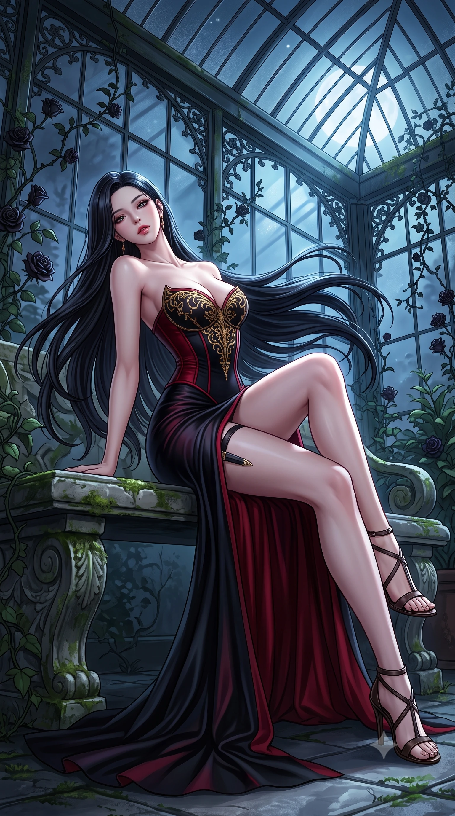 score_9, masterpiece, best quality, ultra-detailed, high-budget anime keyframe, semi-realistic 3D game render, editorial fashion photography, tasteful artistic composition, Korean woman. low angle full-body shot from head to toe showing her feet, filling the entire 9:16 vertical frame with her statuesque presence, stretching her vertical silhouette. reclining back languidly with one knee bent and spine arched in a breathtaking dancer line, commanding the entire 9:16 vertical frame while reclining languidly on an antique stone bench in a moonlit glasshouse orangerie as thorny black rose vines climb the iron rafters. The surrounding environment is rendered in vivid detail and crisp panoramic clarity. high-contrast gothic romance chiaroscuro and atmospheric Victorian architecture rendered with precision. She has an absolutely perfect, statuesque 8.5-heads proportion, an exceptionally tall and slender model-like female figure with impossibly long slender legs, a toned flat midriff, and an ultra-slim waist. sharp v-shaped jawline, high-bridge nose, intricate jewel-like eyes with depth, thick eyelashes, glossy parted lips with a natural sheen, intensely captivating and seductive expression, flawlessly proportioned anatomical accuracy, strict slender model proportions, natural body alignment, perfectly sculpted long slender limbs, ultra-slim waistline, clean dynamic posture without body distortion. wearing a baroque gold-embroidered bustier gown with exposed clavicle and structured hip boning in midnight obsidian black and blood crimson, tailored from liquid silk jersey adhering flawlessly to her slender build, equipped with a concealed dagger sheath garter under her slit skirt, the liquid-tight tailored fabric emphasizing every curve of her tall, slender model proportions and sculptured silhouette during dynamic movement. illuminated by dramatic chiaroscuro key light sharply carving her slender waist, bare collarbones, and jawline. highly saturated vibrant anime colors, detailed shading with soft gradients, rich glossy textures, high-contrast stereoscopic depth, volumetric dynamic lighting, master piece, 9:16 ratio