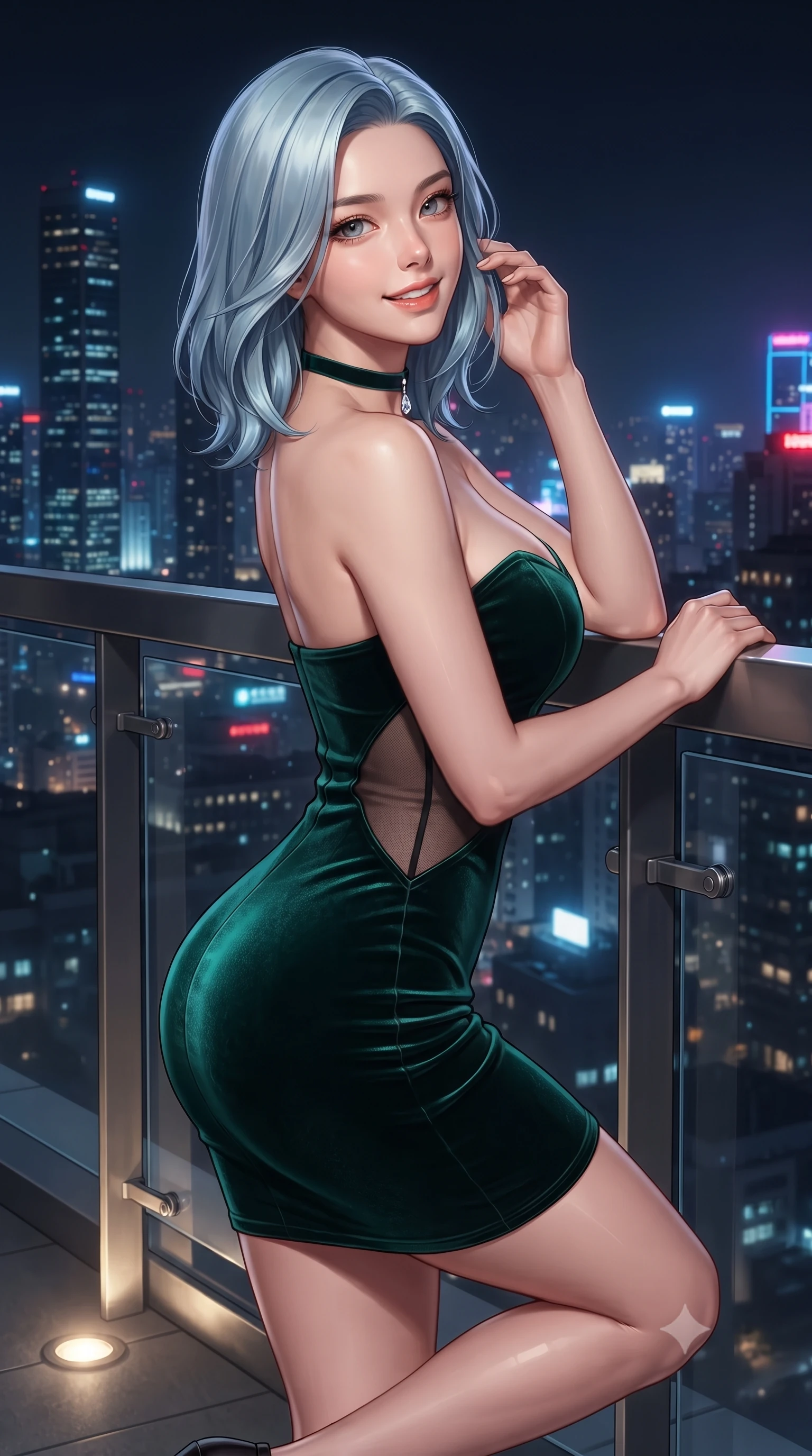 score_9, masterpiece, best quality, ultra-detailed, high-budget anime keyframe, editorial fashion photography, tasteful artistic composition, Korean woman. close-up cowboy shot from the waist and thighs up, the character dominates the composition, filling the frame with her large presence. posing in an alluring rear three-quarter angle, looking over a bare shoulder with parted glossy lips, her hips cocked back to highlight her slim hourglass curve while leaning against the glass-and-steel promenade railing with one knee bent, neon reflections dancing across her narrow waist and hips. The surrounding environment is rendered in vivid detail and crisp panoramic clarity: detailed plunging cowl-neck liquid satin gown drape, crystal shoulder cords, and skyscraper engineering in high resolution. She has an exceptionally elegant, slender, and willowy female figure with an ultra-slim waist, flat toned midriff, narrow ribcage, and sculpted feminine hips creating an alluring, slim hourglass silhouette without bulk. sharp v-shaped jawline, high-bridge nose, intricate jewel-like sparkling eyes with depth, thick eyelashes, glossy parted lips with a natural peach sheen, bright cheerful beaming smile with an enchanting and coquettish sensual glint, exuding both youthful cute charm and seductive allure, flawlessly proportioned anatomical accuracy, strict slender model proportions, natural body alignment, perfectly sculpted long slender limbs, ultra-slim waistline, clean dynamic posture without body distortion. wearing a deep sweetheart-neckline velvet bodycon mini dress with sheer side-torso cutouts accentuating her hourglass curves in Monte Carlo casino emerald green and polished brass, tailored from ultra-plush silk velvet with rich tactile depth and deep shadow gradients, finished with a thin velvet ribbon choker and a single teardrop diamond pendant, the liquid-tight tailored fabric clinging flawlessly to her narrow waist and rounded feminine hips, emphasizing every millimeter of her sculpted slim hourglass curves without any bulky heaviness. illuminated by ground uplights and sharp multi-colored rim lights sharply sculpting her slender torso, narrow waist, and curvy hips. ultra-reflective glossy finish, specular highlights, rich textural contrasts, high-contrast stereoscopic depth, volumetric dynamic lighting, 2k, ultra detail, master piece, 9:16 ratio