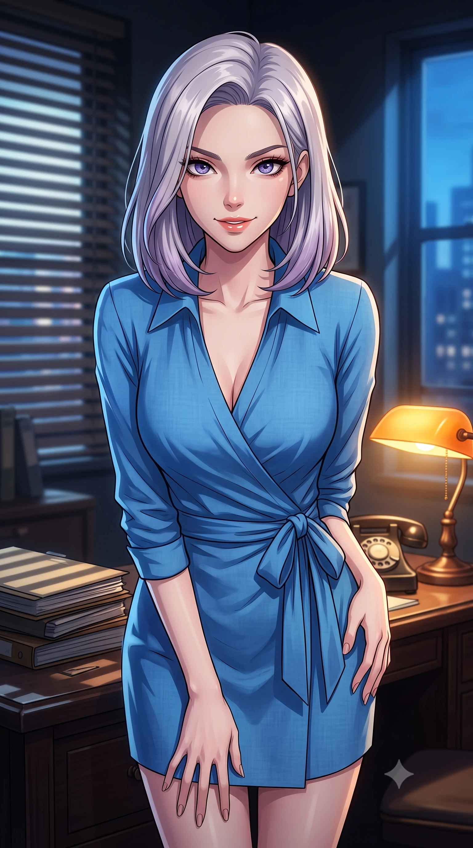 score_9, masterpiece, best quality, ultra-detailed, high-budget anime keyframe, tasteful artistic composition, Caucasian woman. close-up cowboy shot from the waist and thighs up, the character dominates the composition, filling the frame with her large presence, background elements kept in soft focus. leaning slightly forward with a playful, teasing smile, her gaze locked onto the viewer the background shows a soft-focus a dimly lit detective office with rotating window blinds casting horizontal shadows. She has an exceptionally elegant, slender, and willowy female figure with an ultra-slim waist, a gracefully sculpted slender torso, and a refined silhouette. sharp v-shaped jawline, high-bridge nose, intricate jewel-like eyes with depth, thick eyelashes, glossy lips with a natural sheen. wearing a body-hugging classic linen wrap shirt dress in sky blue with a structured collar and waist tie. cool blue city twilight key light contrasting with the warm amber glow of a desk lamp. highly saturated vibrant anime colors, cel-shading, 2d style, master piece, 9:16 ratio
