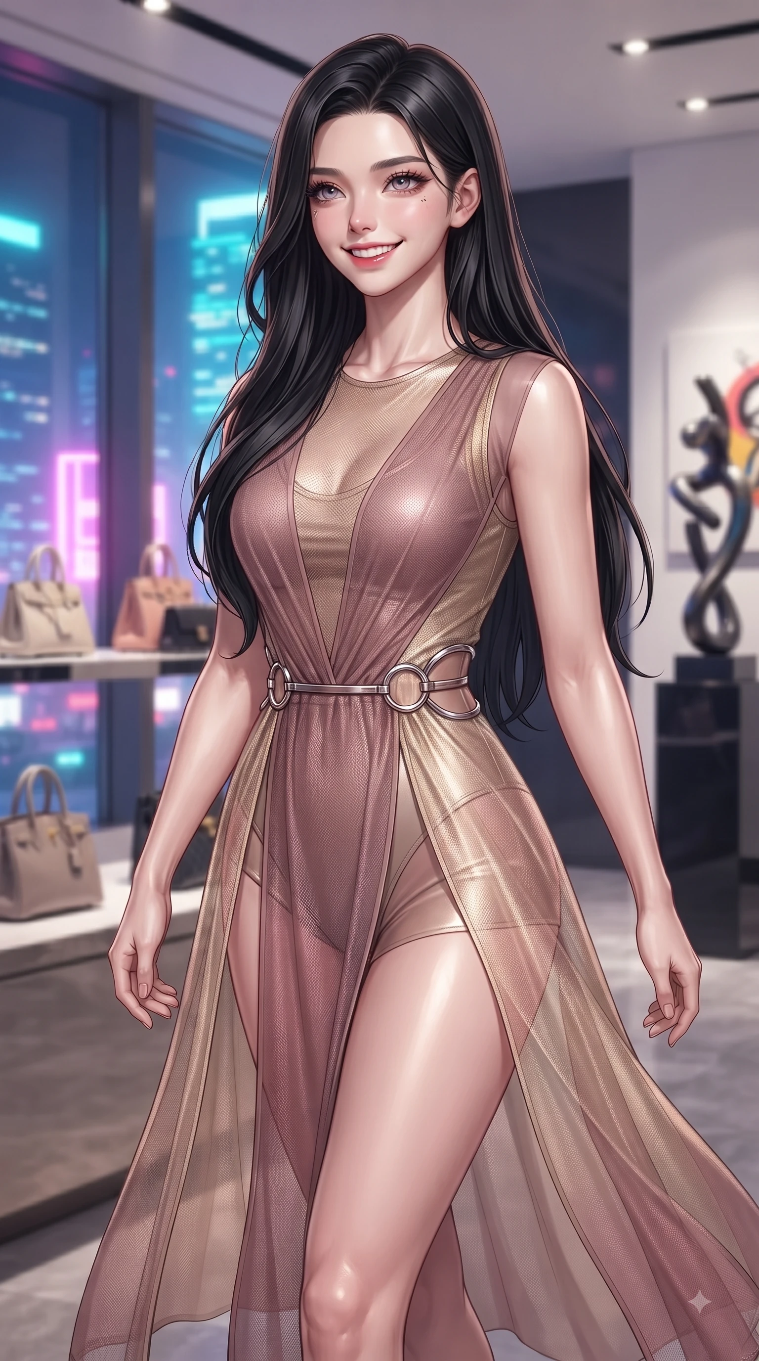 score_9, masterpiece, best quality, ultra-detailed, high-budget anime keyframe, editorial fashion photography, tasteful artistic composition, Korean woman. close-up cowboy shot from the waist and thighs up, the character dominates the composition, filling the frame with her large presence, background elements kept in soft focus. Radiant youthful grin reflecting college charm while casting a playful, joyful side-gaze with heavy lashes while stepping gracefully through a luxury fashion boutique in Gangnam with a chic, magnetic posture, designer handbag displays and modern art sculptures framing the opulent interior. She has an exceptionally elegant, slender, and willowy female figure with an ultra-slim waist, a gracefully sculpted slender torso, and a refined silhouette. sharp v-shaped jawline, high-bridge nose, intricate jewel-like eyes with depth, thick eyelashes, glossy lips with a natural sheen, flawlessly proportioned anatomical accuracy, natural body alignment, perfectly sculpted elegant limbs, clean dynamic posture without body distortion. wearing a semi-opaque sheer overlay dress over a leather micro-bodysuit in dusty rose and champagne gold, made of fine carbon-fiber weave and soft matte leather, accented with delicate chrome ring hardware framing her waist, the tailored fabric tightly following every curve of her athletic build. illuminated by vibrant neon skyline glow and clear specular rim highlights. ultra-reflective glossy finish, specular highlights, metallic sheen, high-contrast stereoscopic depth, volumetric dynamic lighting, 2k, ultra detail, master piece, 9:16 ratio