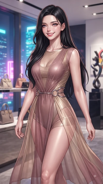 score_9, masterpiece, best quality, ultra-detailed, high-budget anime keyframe, editorial fashion photography, tasteful artistic composition, Korean woman. close-up cowboy shot from the waist and thighs up, the character dominates the composition, fi